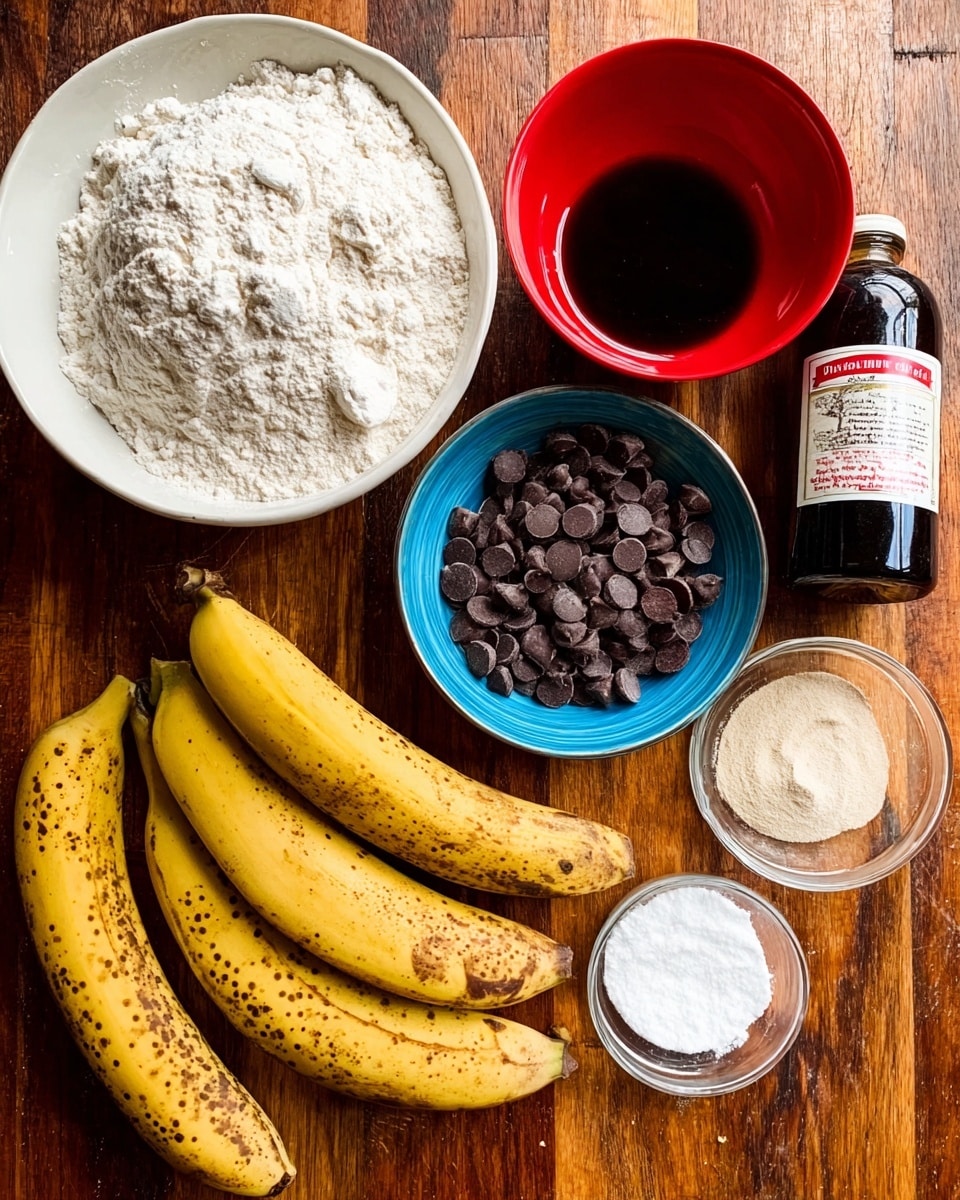 The image shows several baking ingredients arranged on a wooden surface. There is a large white bowl filled with white flour on the left side. In front of it, three ripe yellow bananas with brown spots lie curved. Near the center, a small blue bowl holds many dark brown chocolate chips. Next to it, a small clear glass bowl contains a pale beige powder, and another smaller glass bowl nearby has a white powder, likely baking soda or baking powder. Above these, a red bowl holds a dark brown liquid mixture. To the right, a dark bottle with a white and red label stands upright, likely vanilla extract. All items are placed on a wooden table. photo taken with an iphone --ar 4:5 --v 7