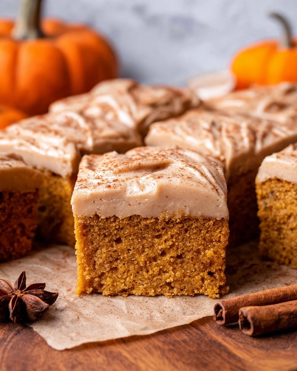 The image shows a close-up of thick square slices of moist pumpkin cake with a thick, creamy light brown frosting layer on top, sprinkled lightly with cinnamon powder. Each slice reveals a spongy orange-brown cake layer underneath the frosting. The cake pieces are arranged close together on a light brown parchment paper, set on a wooden surface. Around the cake, there are a few star anise pods and a small, round orange pumpkin, all set against a white marbled texture background. Photo taken with an iphone --ar 4:5 --v 7