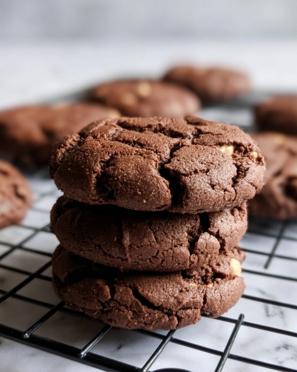 A close-up image shows a stack of three thick, round chocolate cookies with light brown chunks inside, placed on a black wire cooling rack over a white marbled surface. The cookies have a cracked, slightly rough texture with visible indentations and a dense, soft look. In the background, more cookies sit scattered on the rack, softly blurred to keep focus on the stacked cookies in front. photo taken with an iphone --ar 4:5 --v 7
