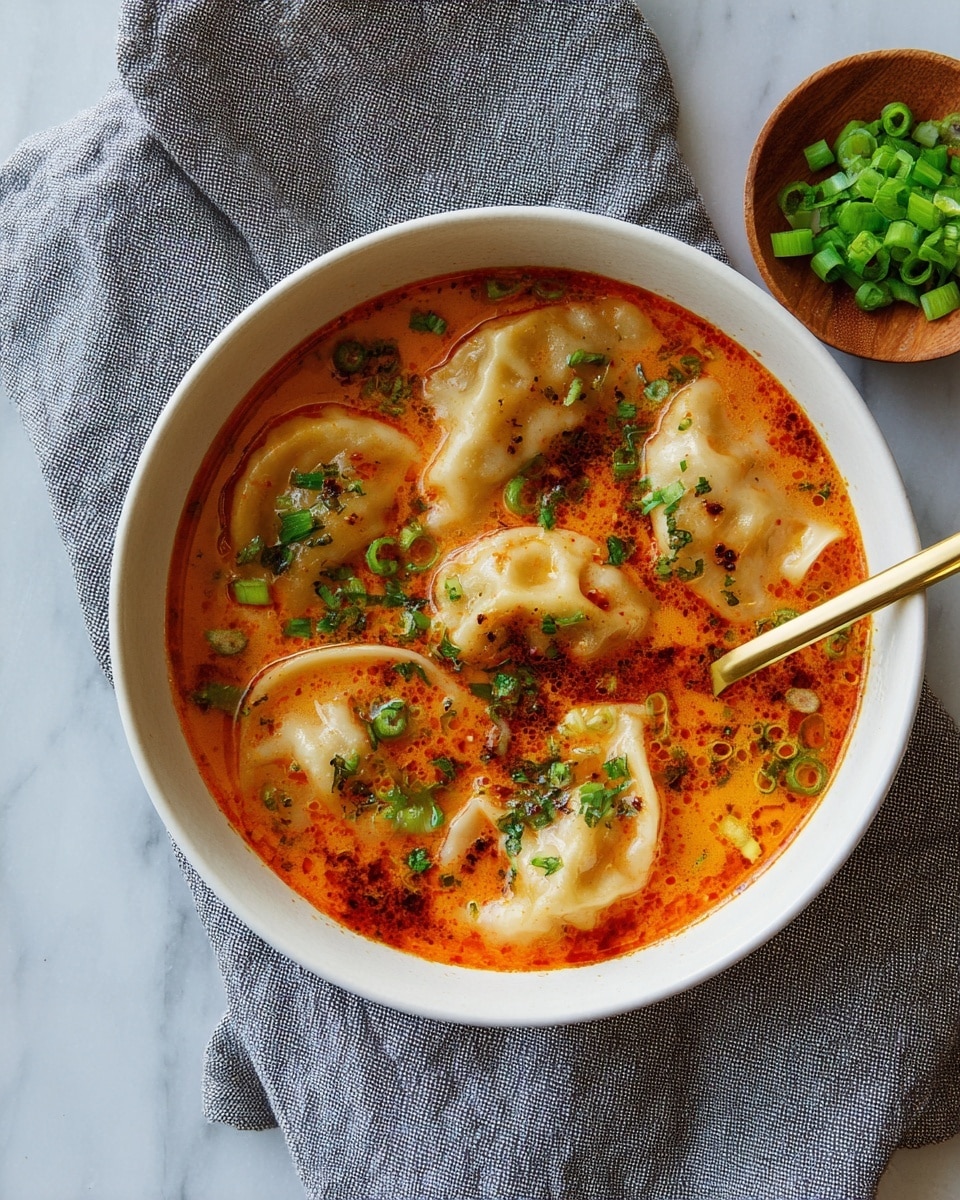 A white bowl filled with five light beige dumplings floating in bright orange-red broth with a smooth, oily texture. The broth has small green chopped herbs scattered on top, adding pops of color. A gold spoon rests inside the bowl on the right side, partially submerged. Next to the bowl is a small wooden dish full of chopped green onions. The bowl sits on a gray cloth, all placed on a white marbled surface. photo taken with an iphone --ar 4:5 --v 7