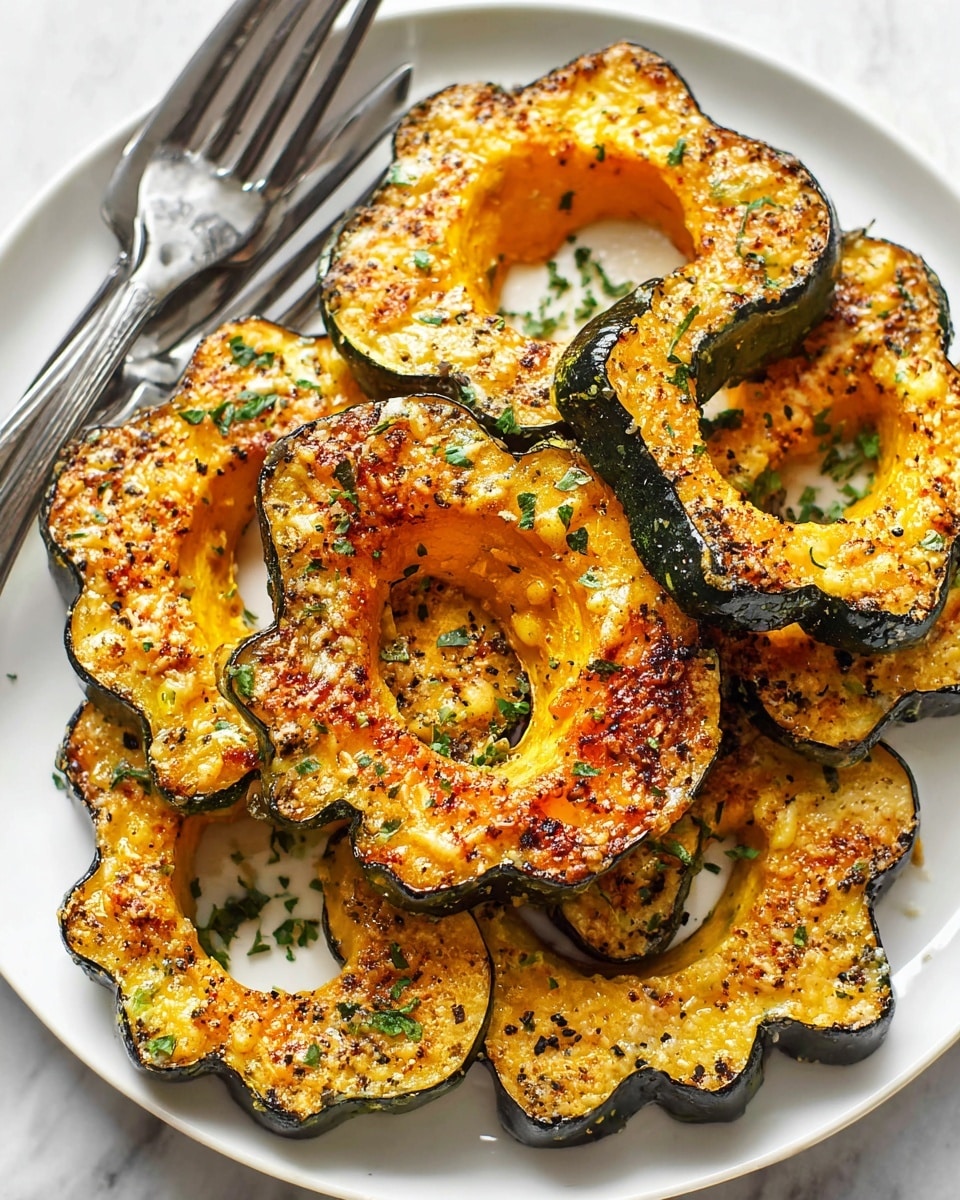 The image shows a white plate filled with eight thick slices of roasted delicata squash arranged in a loose pile. Each slice has a deep green skin with a golden-yellow tender inside that is slightly browned and crispy on the edges, showing seasoning with black pepper and small bits of herbs. The squash pieces have a rough texture on top, likely melted cheese or garlic, adding a crumbly appearance. Small chopped green herbs are sprinkled across the squash and plate. On the left edge of the plate, a silver fork and knife rest side by side on a white marbled surface. The lighting highlights the warm colors and textures of the roasted squash. photo taken with an iphone --ar 4:5 --v 7