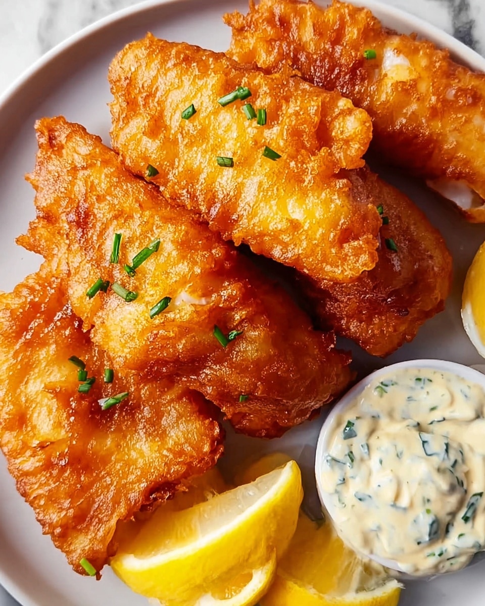 The image shows a white plate filled with four large pieces of golden-brown fried fish with a crispy, textured batter. The fish pieces are stacked slightly on each other, showing a crunchy texture with some small green herb bits sprinkled on top. To one side of the plate, there is a splash of creamy tartar sauce dotted with green herb pieces, and on the opposite side, there are bright yellow lemon wedges arranged neatly. Everything sits on a white marbled surface that adds a clean, fresh look to the setting. Photo taken with an iphone --ar 4:5 --v 7