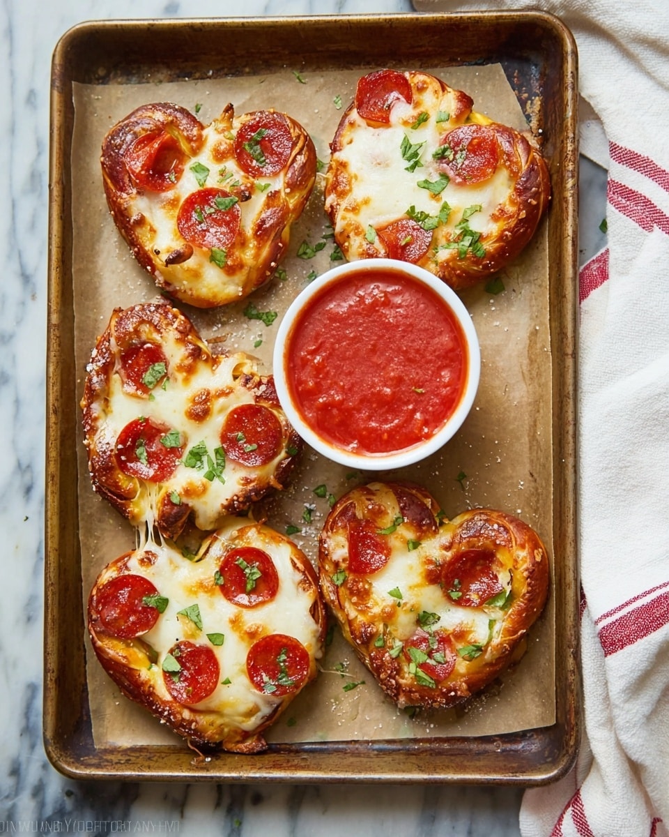 Five small pretzel-shaped pizzas are arranged on a baking tray lined with parchment paper, each topped with melted white cheese, slices of red pepperoni, and sprinkled green herbs. The pretzels have a golden-brown, slightly shiny crust with some toasted cheese spots around the edges. In the center of the tray is a small white bowl filled with bright red marinara sauce, garnished with chopped green herbs. The tray rests on a white marbled surface with a white cloth that has red stripes partially visible to the right. The overall look is warm and appetizing, with melted cheese stretching slightly over the pretzels. photo taken with an iphone --ar 4:5 --v 7