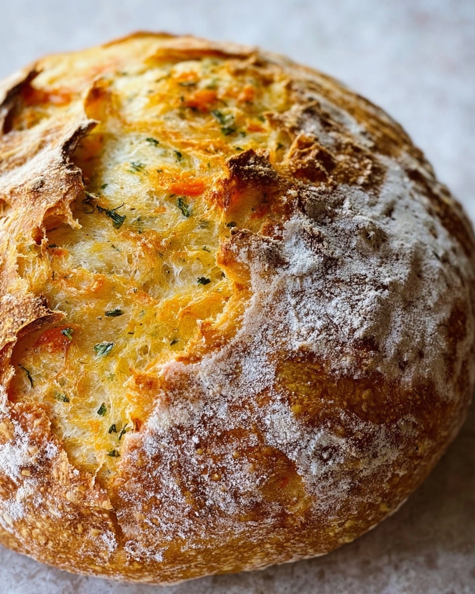 A close-up image of a round loaf of bread with a thick, golden-brown crust cracked open to reveal a soft, airy inside. The crust is dusted with white flour and has rough, uneven layers with some darker toasted spots. Inside, the bread shows a light yellow color with specks of green herbs and small orange bits, giving it a textured look. The bread rests on a white marbled texture, enhancing the natural rustic appearance. photo taken with an iphone --ar 4:5 --v 7