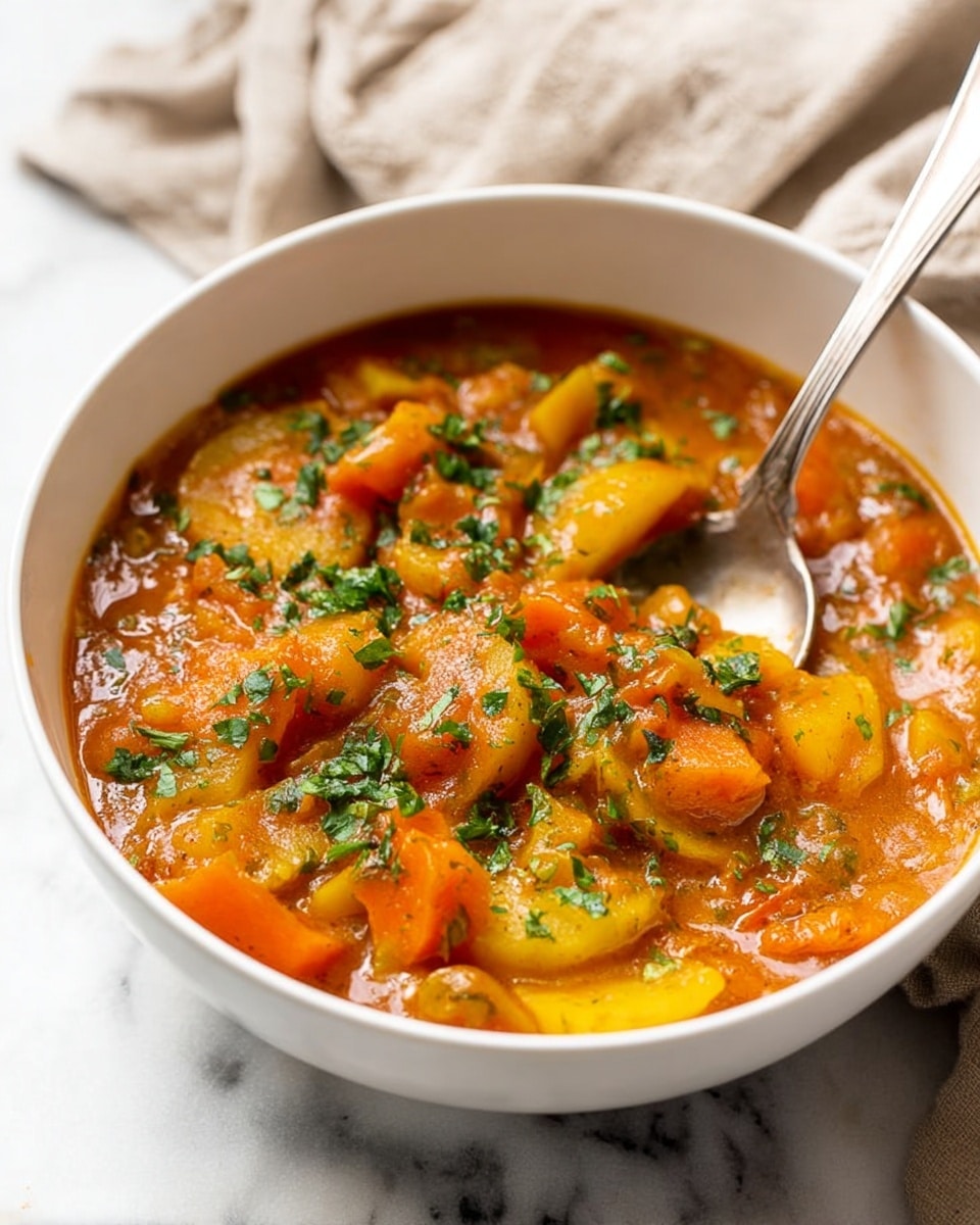 A white bowl filled with thick vegetable stew showing three main layers: the bottom layer is a warm orange sauce, smooth and shiny; the middle layer has chunky pieces of yellow and orange vegetables like carrots and potatoes; the top layer is sprinkled green herbs giving a fresh look. A silver spoon with some stew is placed inside the bowl on the right side. The bowl is placed on a white marbled surface with a beige cloth partly visible in the background. Photo taken with an iphone --ar 4:5 --v 7