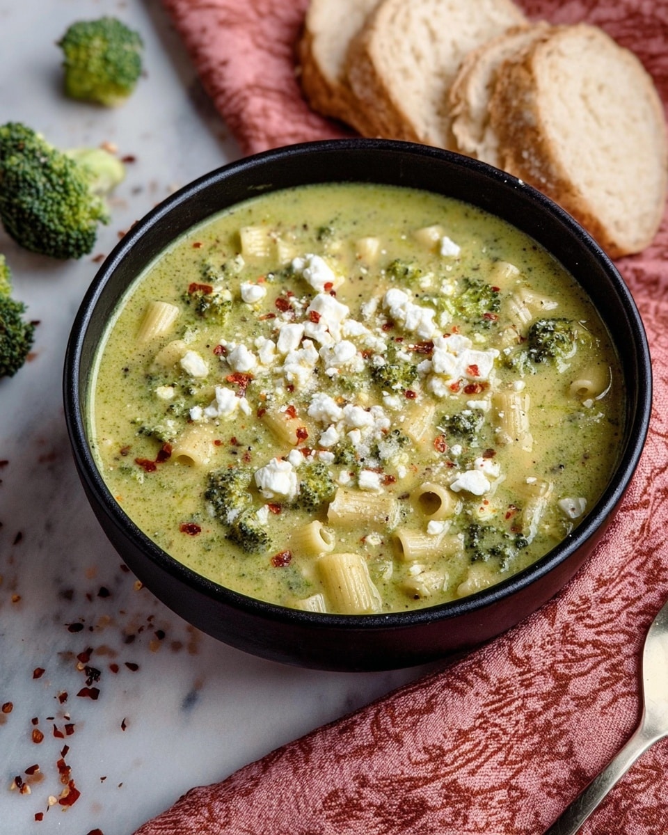A black bowl filled with creamy green soup, packed with small pale yellow pasta tubes and broccoli bits, topped with white crumbled cheese and sprinkled with red chili flakes. The bowl sits on a white marbled surface with a few broccoli pieces and three light brown slices of bread in the background. A salmon pink cloth with brown patterns is placed nearby, adding a soft color contrast. Photo taken with an iphone --ar 4:5 --v 7