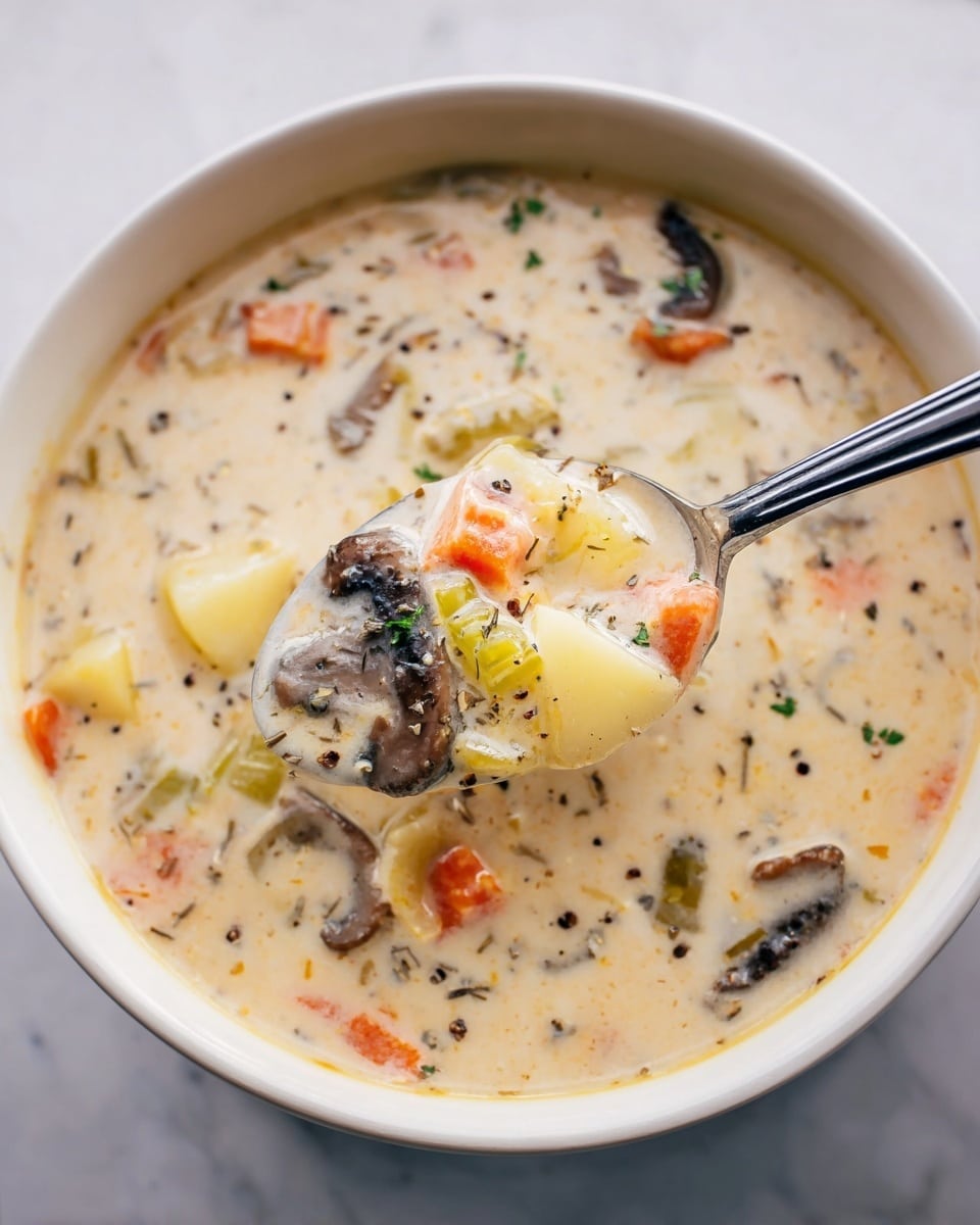 A close-up view of a creamy soup with visible chunks of vegetables and mushrooms. The soup has a thick, pale beige base with small black pepper specks. Floating within the soup are layers of orange carrot pieces, light green celery slices, yellow potato chunks, and dark brown mushroom slices. A metal spoon holds a scoop of the soup near the center, showing the mixture's texture clearly. The soup is inside a white bowl, set on a white marbled texture surface. photo taken with an iphone --ar 4:5 --v 7