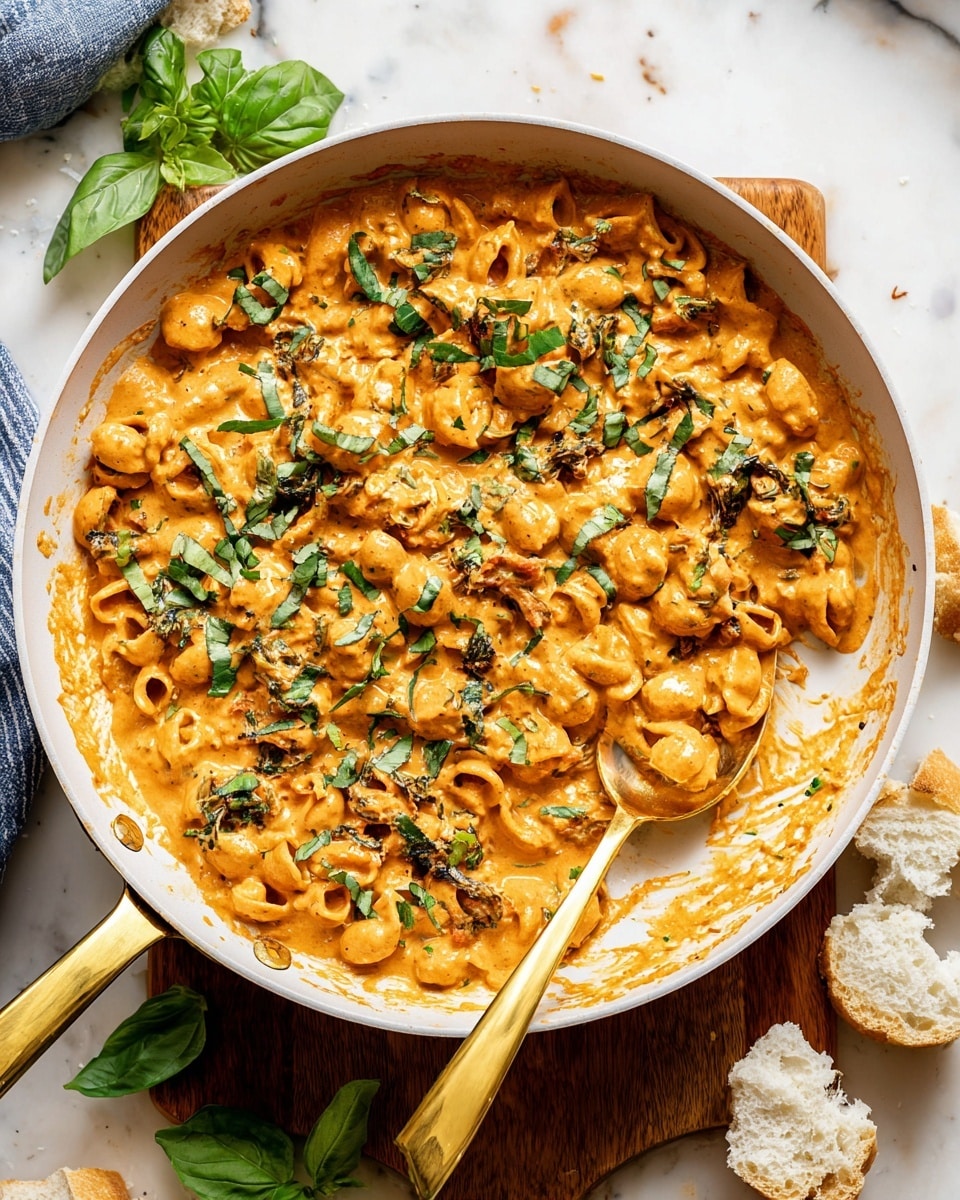A white frying pan filled with a creamy orange pasta dish that has a thick, rich texture, mixed with small pasta pieces coated in sauce. Fresh green basil leaves and chopped herbs are scattered on top, adding contrast to the orange creamy layer. There are darker spots of charred bits within the sauce, showing some cooked greens mixed in. A golden spoon rests inside the pan on the right side, partially covered with the sauce. The pan has a gold handle and sits on a wooden board with some fresh basil leaves and torn white bread pieces around it, all on a white marbled surface. Photo taken with an iphone --ar 4:5 --v 7
