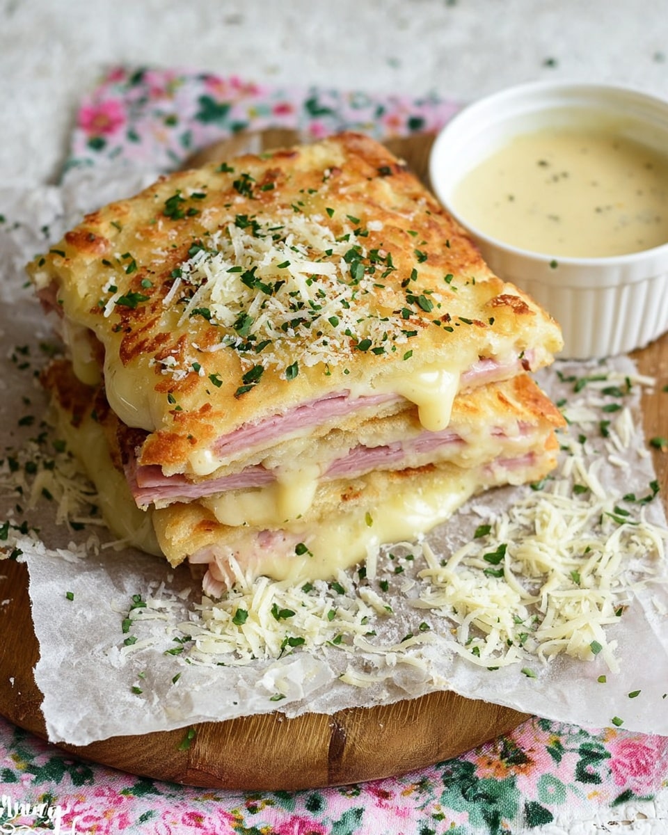 A stack of two square sandwiches with golden brown, slightly crispy flatbread on top and bottom, sprinkled with finely shredded white cheese and chopped green herbs. Between the bread layers, thin slices of pink ham and melted pale yellow cheese are visible, looking soft and gooey. The sandwiches are placed on parchment paper over a round wooden board, with white shredded cheese and herb bits scattered around. On the right side of the board, there is a small white bowl filled with creamy pale yellow sauce. The background surface is a white marbled texture with a floral cloth peeking around the board edges. photo taken with an iphone --ar 4:5 --v 7