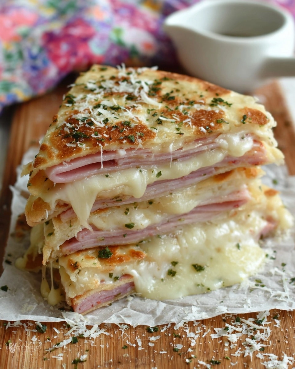 A close-up view of a sandwich with three visible layers, each consisting of thin pink ham slices and melted white cheese between golden toasted flatbread pieces. The top flatbread layer is sprinkled with small green herb flakes and grated white cheese, some of which fall onto the wooden board below, which is partially covered by white parchment paper. The sandwich appears soft and gooey with melted cheese oozing slightly out from the layers. The background has a soft focus with a floral cloth visible, and a white bowl with a handle is seen on the right side. photo taken with an iphone --ar 4:5 --v 7