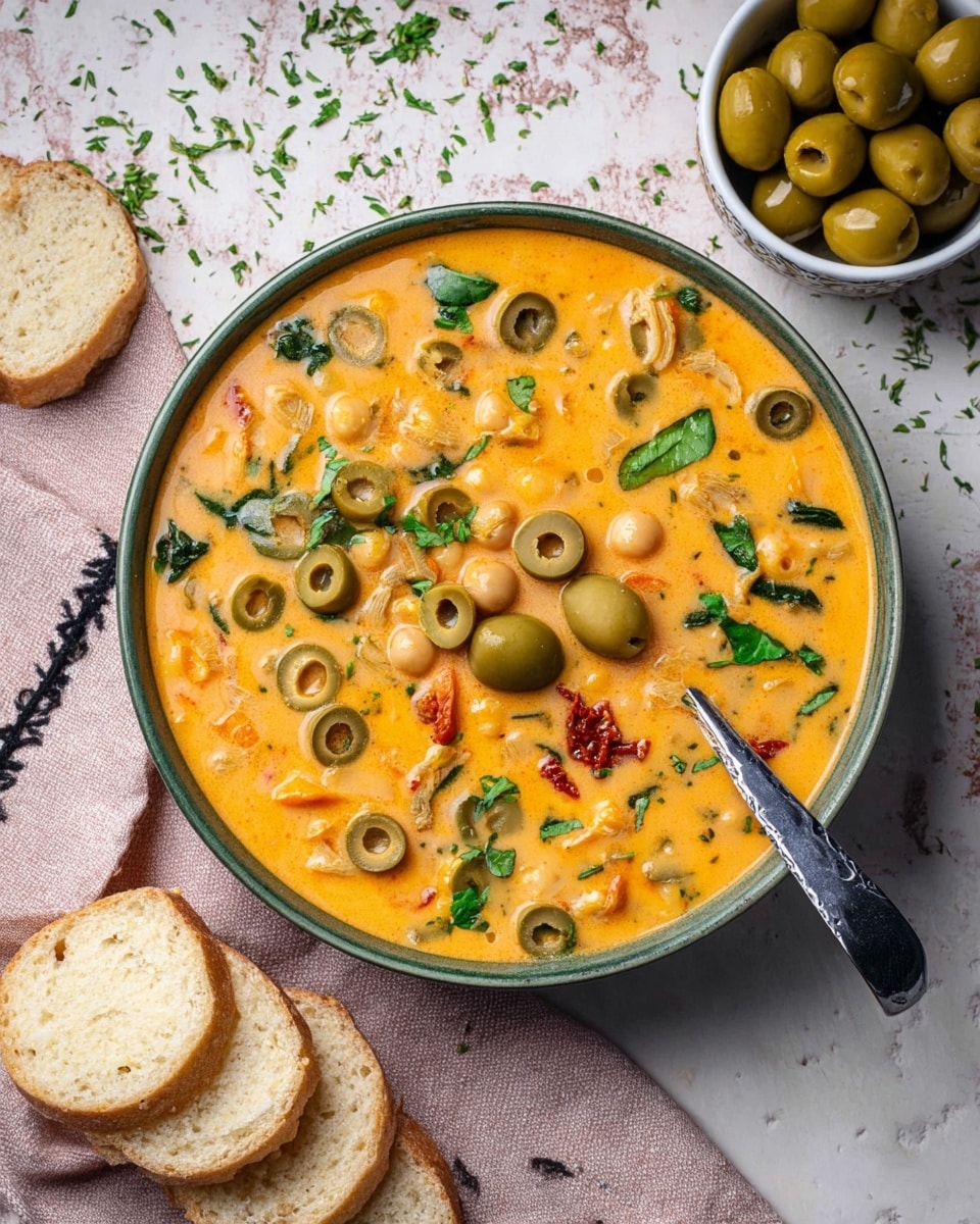 A deep bowl filled with a creamy orange soup dotted with green olive slices, whole green olives, small chickpeas, and scattered fresh green herb leaves, all giving a mix of smooth and chunky textures. The soup also has small bits of red sun-dried tomatoes and finely chopped dark green spinach leaves, adding color contrast. A metal spoon rests inside the bowl. Nearby, a smaller white bowl contains whole green olives. Two pieces of sliced biscuit with a light golden-brown color sit beside the bowl on a pale pink cloth with black trimmed edges, all placed on a white marbled textured surface sprinkled lightly with green herbs. photo taken with an iphone --ar 4:5 --v 7