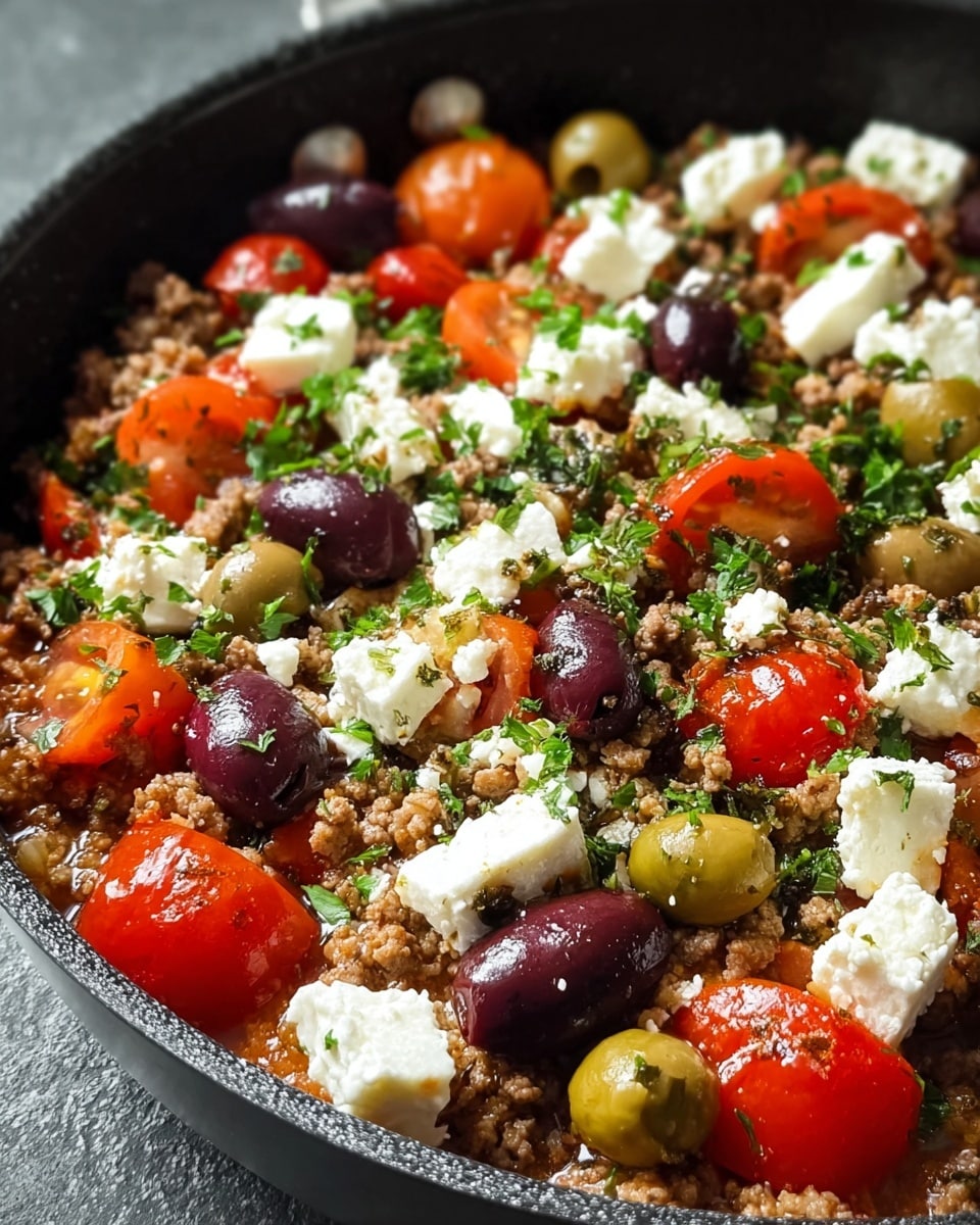 A dish in a black pan showing a colorful mix of layers: the base is light brown cooked ground meat with a crumbly texture, topped with bright red whole and halved cherry tomatoes adding glossy smoothness, scattered with green and dark purple whole olives that have a shiny surface. White chunks of soft, crumbly feta cheese are spread evenly on top, along with small green herb pieces sprinkled over everything, adding a fresh touch. The combination of colors and textures makes the dish look rich and appetizing. Photo taken with an iphone --ar 4:5 --v 7