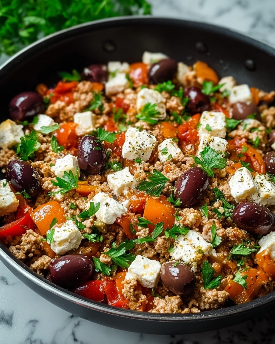 The image shows a close-up of a black pan filled with a colorful mixture. The base layer consists of light brown cooked ground meat with a crumbly texture. Scattered throughout are bright orange and red pieces of chopped bell peppers, adding vibrant color. On top of this are small, white cubes of soft cheese, likely feta, with a crumbly appearance and a sprinkling of black pepper on some pieces. Shiny whole olives in dark purple, brown, and green are spread evenly across the pan. Fresh green parsley leaves are scattered throughout, adding a fresh touch to the dish. The pan is set against a white marbled background, with part of a green plant just visible in the upper right corner. photo taken with an iphone --ar 4:5 --v 7