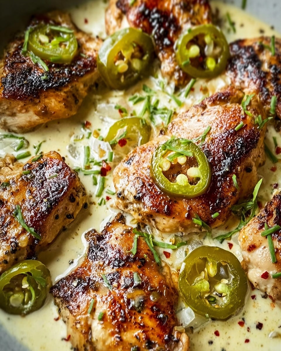 The image shows several pieces of grilled chicken with a golden brown, slightly charred crust on top, immersed in a creamy white sauce with green sliced jalapeños scattered over the dish. The sauce has a smooth texture with visible small black and red specks of herbs and spices, coating the chicken evenly. The chicken pieces are arranged closely together, some slightly overlapping, all sitting on a white marbled background. photo taken with an iphone --ar 4:5 --v 7