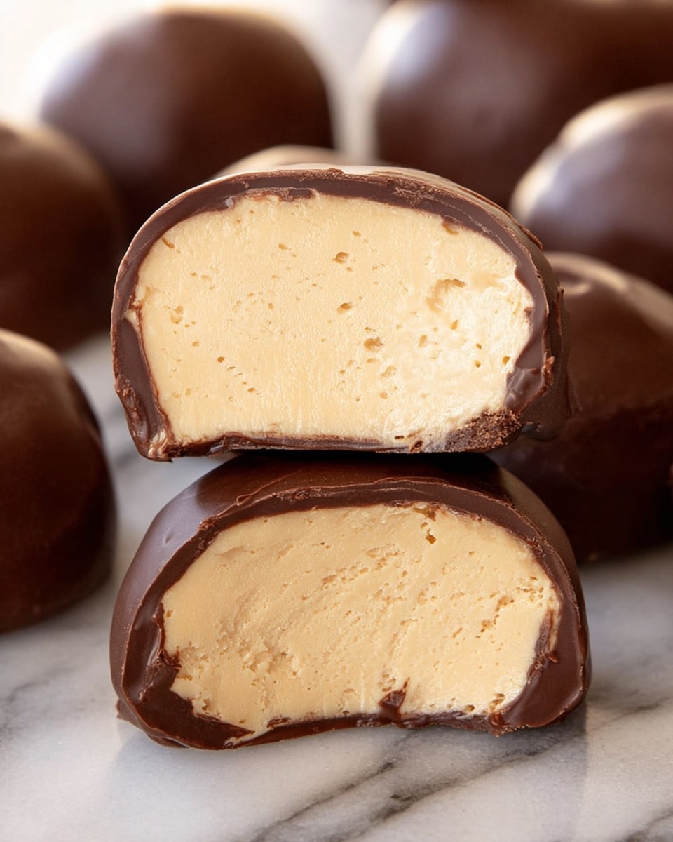 The image shows several round chocolate-covered treats, with a close-up of two halves stacked on top of each other in the center. Each treat has two layers: a thick, smooth, light tan creamy filling that looks soft and fluffy, and a thin outer shell of dark brown chocolate coating that encloses the filling completely. The chocolate layer is shiny and smooth, while the creamy inside appears slightly textured with small air pockets. In the background, more whole treats are visible, slightly out of focus. They are placed on a white marbled surface. photo taken with an iphone --ar 4:5 --v 7