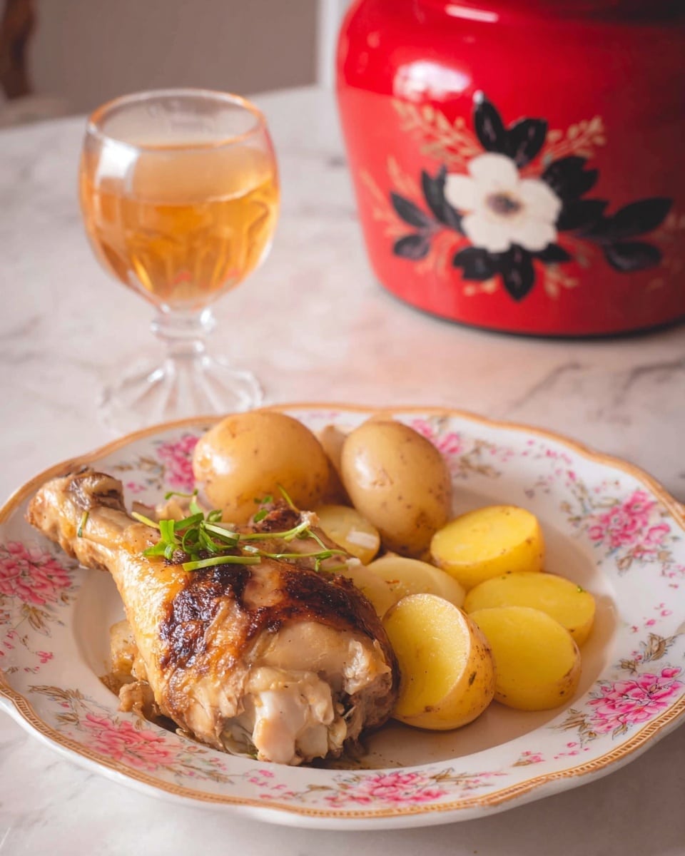 A white plate with a floral pink and orange pattern holds a cooked chicken drumstick with browned skin on the left side. Next to the drumstick are two whole light brown boiled potatoes and a few golden yellow sliced potatoes. A small green garnish is placed on top of the chicken. Behind the plate is a glass of light amber-colored drink, and in the background, there is a red pot with a white flower and dark leaves design on a white marbled surface. photo taken with an iphone --ar 4:5 --v 7