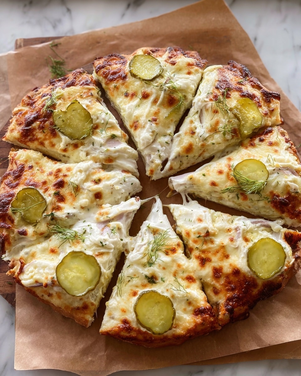 A round pizza cut into eight slices sits on brown parchment paper on a white marbled surface. The pizza has a thick, golden-brown layer of melted cheese on top with some browned spots. Underneath the cheese, there is a white creamy layer visible in parts, with slices of green pickles embedded in it, evenly spread across all slices. The crust is light brown and slightly fluffy. Small sprigs of green herbs are scattered lightly on the pizza, adding texture and color contrast. Photo taken with an iphone --ar 4:5 --v 7