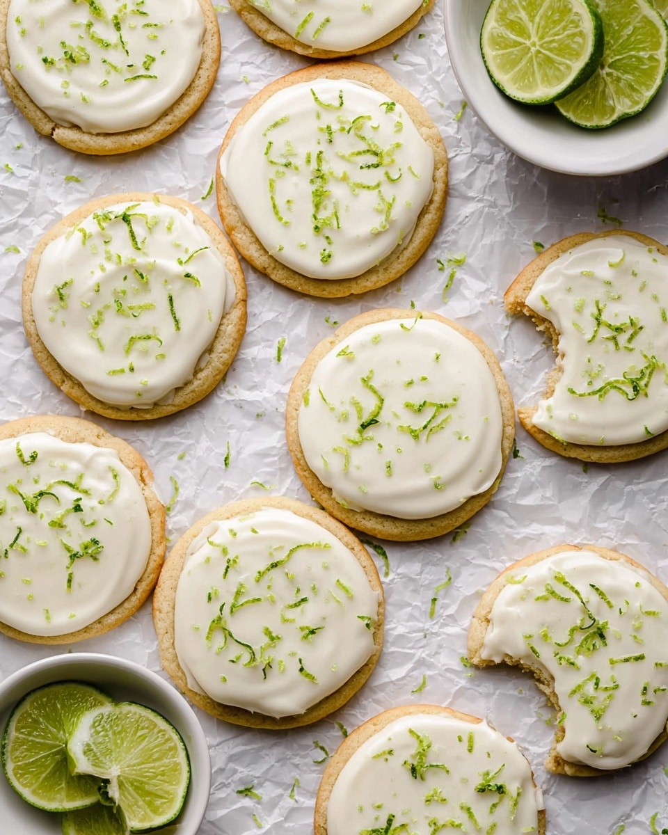 A group of round cookies arranged on white crumpled parchment paper over a white marbled surface. Each cookie has one layer: a pale golden-brown base with a smooth, creamy white frosting on top. The frosting is evenly spread and sprinkled with small green lime zest pieces for texture and color contrast. Two cookies have a bite taken out, showing the soft inside. On the edges, there is a small white bowl with more lime zest and another white bowl partially visible holding lime wedges. Photo taken with an iphone --ar 4:5 --v 7