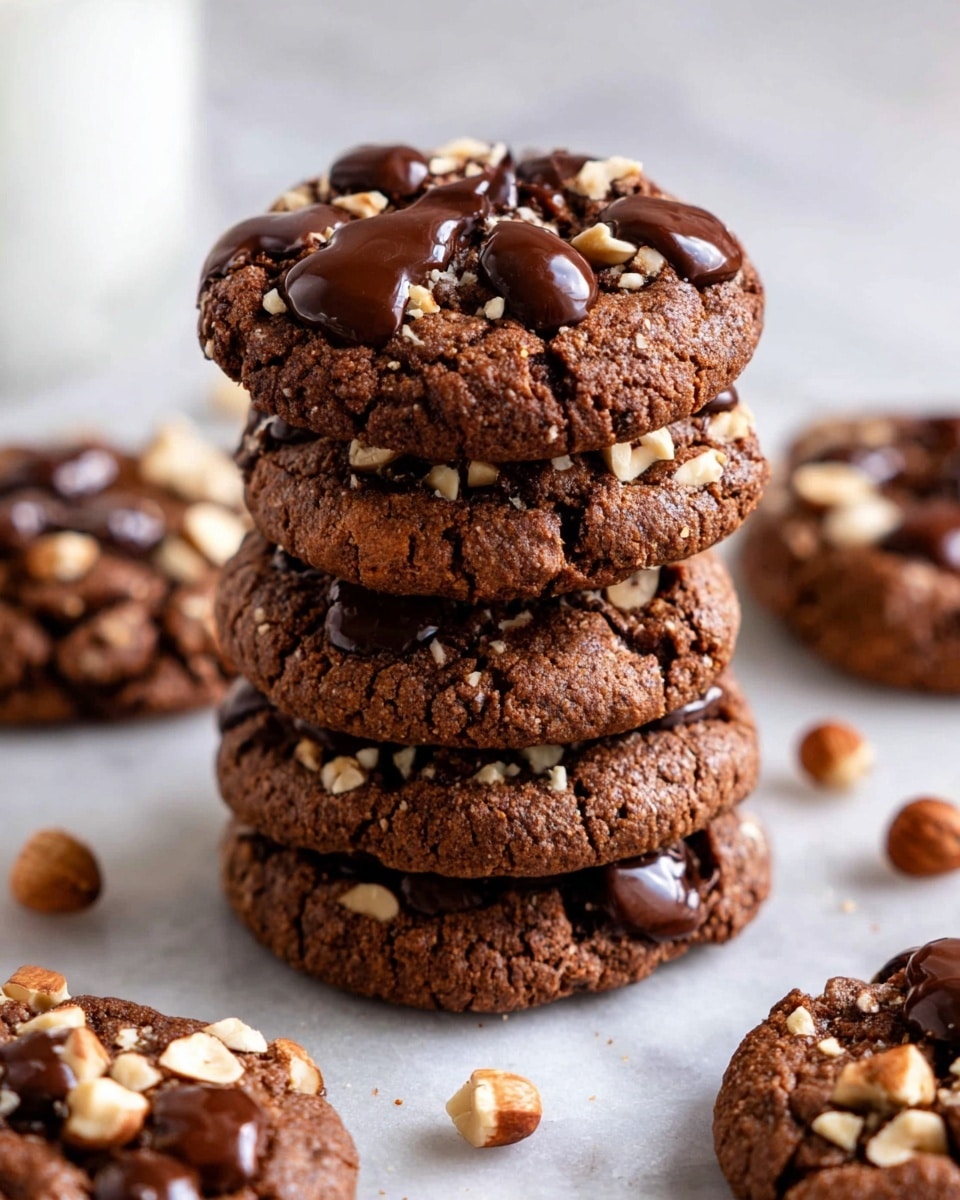A tall stack of five thick chocolate cookies is shown on a white marbled surface, each cookie dotted with large chopped hazelnuts that add a rough texture and light brown color contrast to the deep brown cookie dough. The top cookie is decorated with glossy, melted dark chocolate dollops that glisten in the light. Around the stack, there are more cookies laying flat that show the same nutty and chocolaty texture, with some whole hazelnuts scattered on the surface. photo taken with an iphone --ar 4:5 --v 7