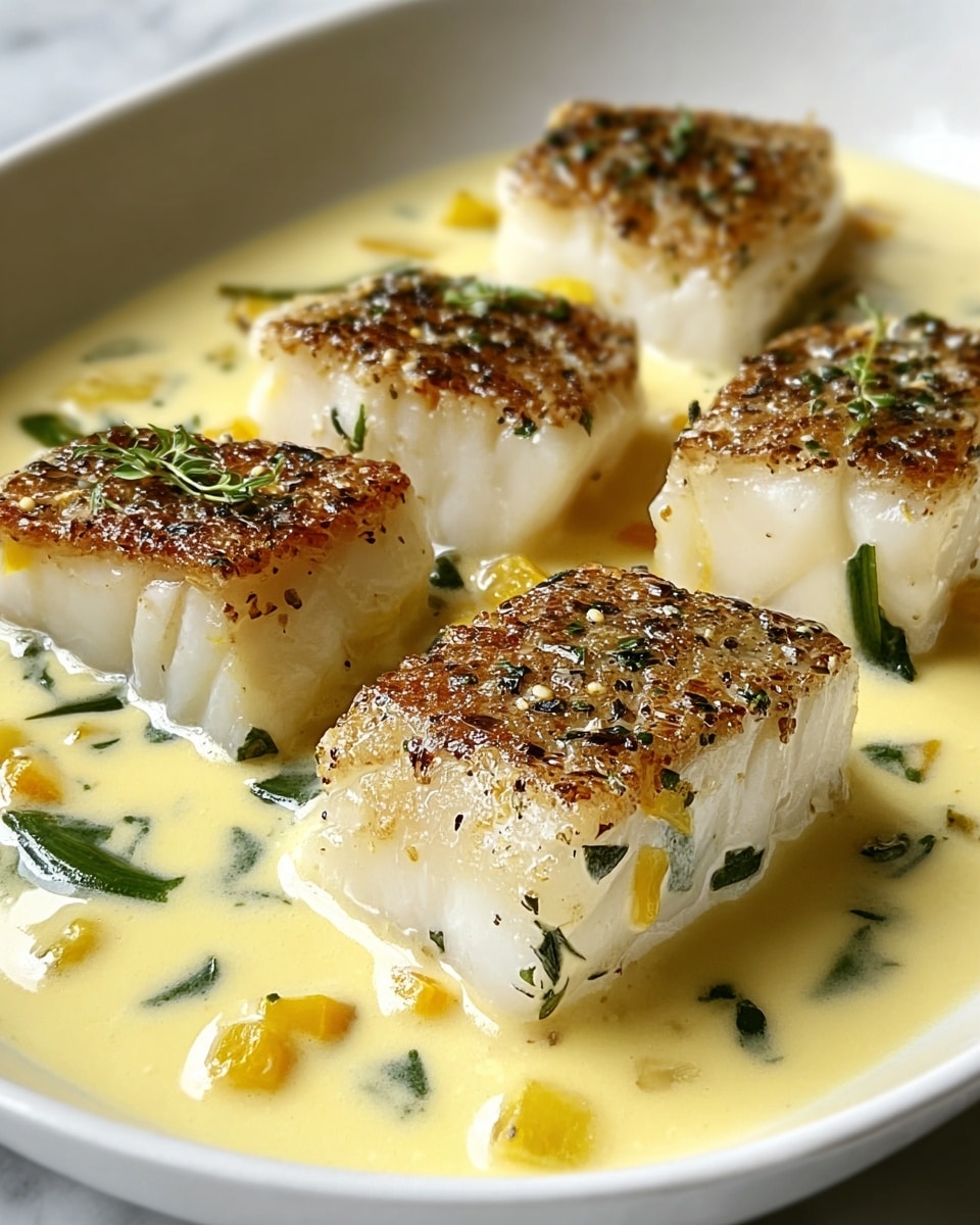 The image shows four pieces of seared fish fillets with a golden-brown crust on top, sitting in a creamy light yellow sauce with small green herbs and bits of yellow vegetables scattered throughout. The fish fillets are thick and white, each piece showing a slightly layered texture. The sauce surrounds the fish evenly on a white plate, and the light reflects off the moist surface of the fish and sauce, giving a fresh and appetizing look. The background is a white marbled texture. photo taken with an iphone --ar 4:5 --v 7