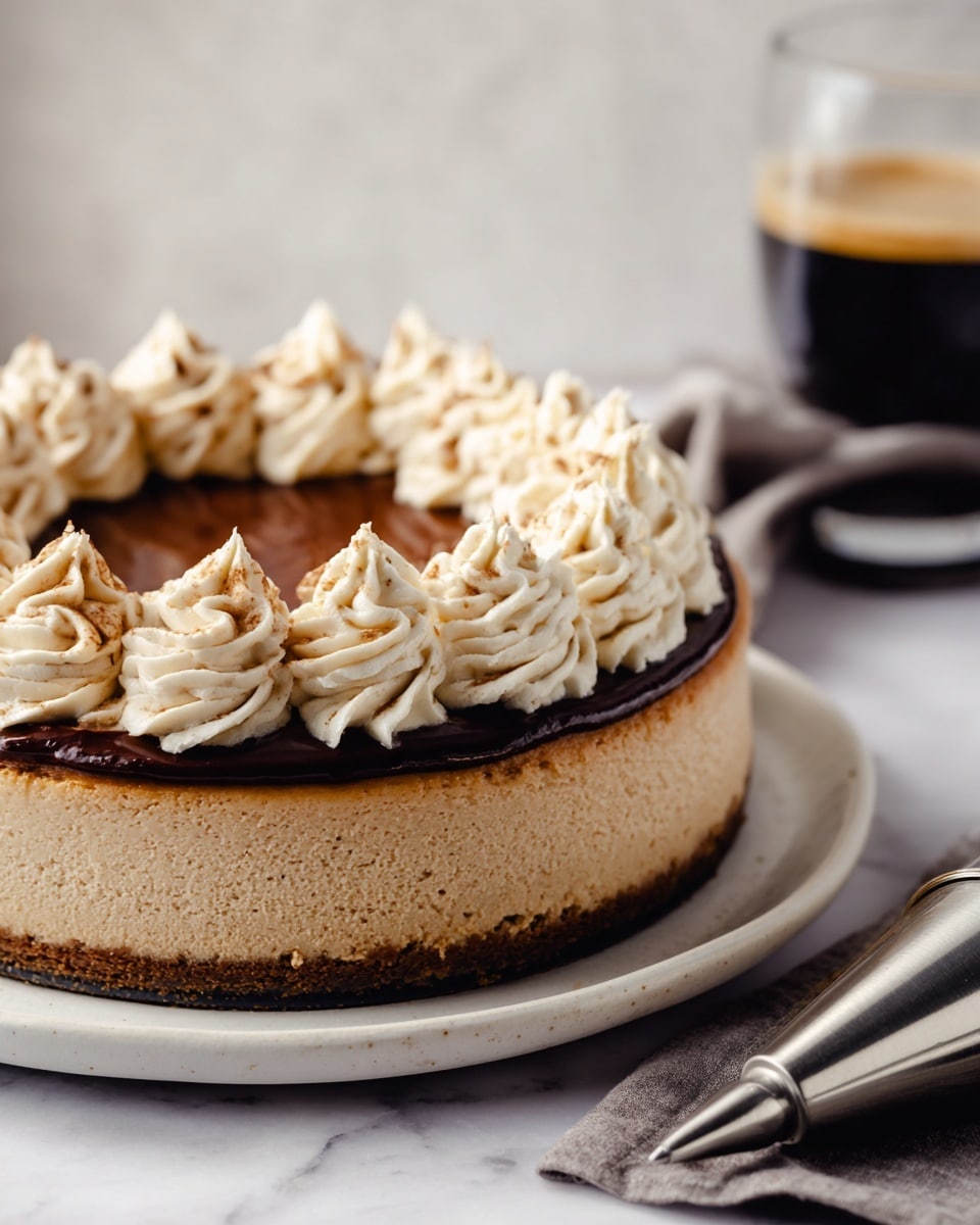The image shows a round cake with three distinct layers: the bottom layer is a dark brown crumbly crust, the middle layer is a thick, smooth light beige filling with a slightly textured edge, and the top layer is a shiny, dark chocolate glaze covering the surface. On top of the chocolate layer, there are large, creamy swirls of pale beige whipped topping arranged evenly in a circle. The cake sits on a white plate, set on a white marbled surface. In the background, there is a glass cup filled with black coffee, and in the foreground, a piping bag with a metal tip lies on the white marbled surface. Photo taken with an iphone --ar 4:5 --v 7