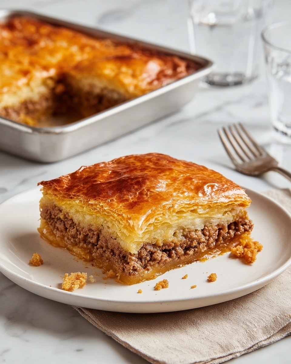 A square piece of meat pie sits on a white plate, showing three clear layers: a golden brown, flaky top crust with a shiny, slightly crinkled texture; a middle layer of finely cooked ground meat that is brown and slightly crumbly; and a bottom crust that is a lighter golden color and looks firm yet flaky. Crumbs from the crust are scattered on the plate around the pie. In the background, a metal baking pan with a portion missing reveals more of the same pie, placed on a white marbled surface. To the right, a glass of water and a metal fork on a beige napkin complete the setting. Photo taken with an iphone --ar 4:5 --v 7