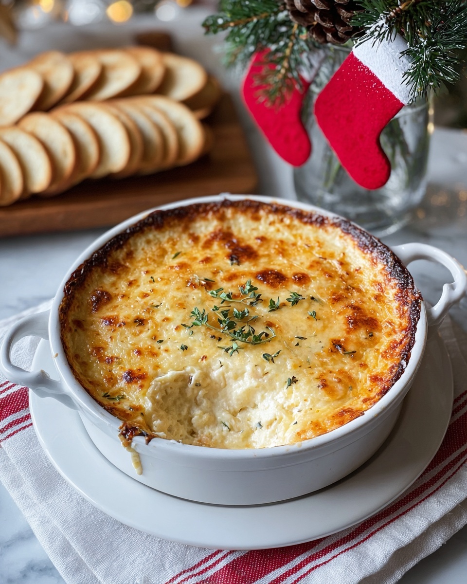A white round ceramic dish filled with a creamy baked dip that has a golden brown bubbly top layer, slightly browned edges around the inside, and sprinkled with small green herb sprigs in the center; part of the dip is scooped out, revealing a soft, pale beige inside layer. The dish sits on a white round plate with a red-striped white towel underneath, placed on a white marbled surface. In the background, there is a wooden board with sliced light brown toasted bread and a clear glass vase with pine branches and two small red Christmas stockings hanging from it. Photo taken with an iphone --ar 4:5 --v 7