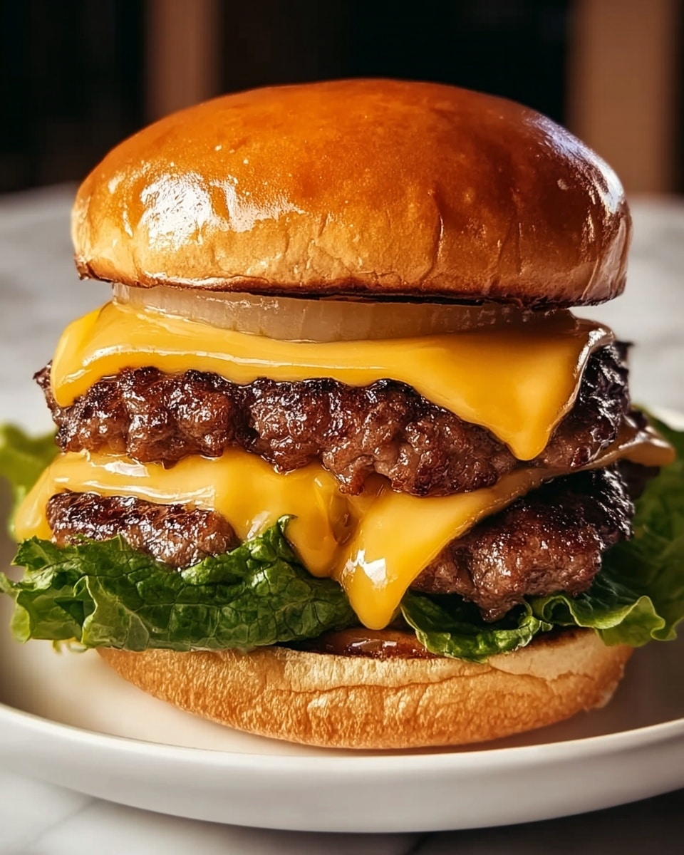 A close-up view of a double cheeseburger on a white plate, placed on a white marbled surface. The bottom layer is a soft, lightly toasted bun with a green leaf of lettuce on top. Above the lettuce sit two thick, grilled beef patties, each covered with a bright orange melted slice of cheddar cheese. On top of the second patty rests a thick ring of grilled onion, followed by a shiny, golden-brown toasted top bun. The layers are stacked neatly, highlighting the juicy texture of the meat and the melted cheese. Photo taken with an iphone --ar 4:5 --v 7
