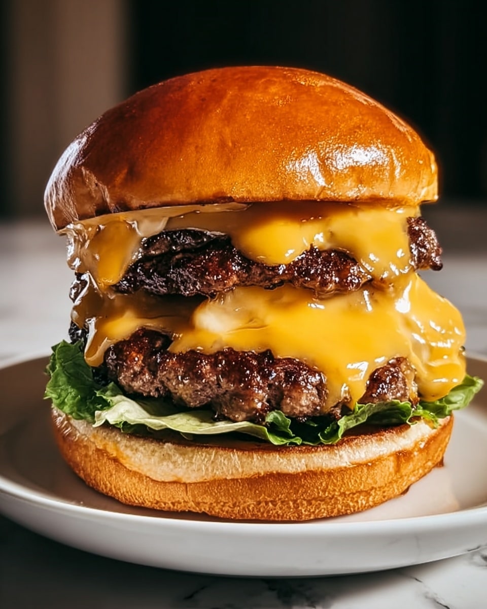 A close-up view of a double cheeseburger on a white plate, placed on a white marbled surface. The burger has four layers: at the bottom, a toasted golden brown bun with visible texture and a piece of green lettuce peeking out; above it, a juicy grilled beef patty with melted bright yellow cheddar cheese trailing off the edges; next, a second similar grilled beef patty topped with a second melting slice of cheddar cheese; and on top, thick grilled onion rings slightly translucent under the soft, shiny golden brown bun top. The lighting highlights the melty cheese and juicy texture of the patties, making the burger look fresh and delicious. photo taken with an iphone --ar 4:5 --v 7