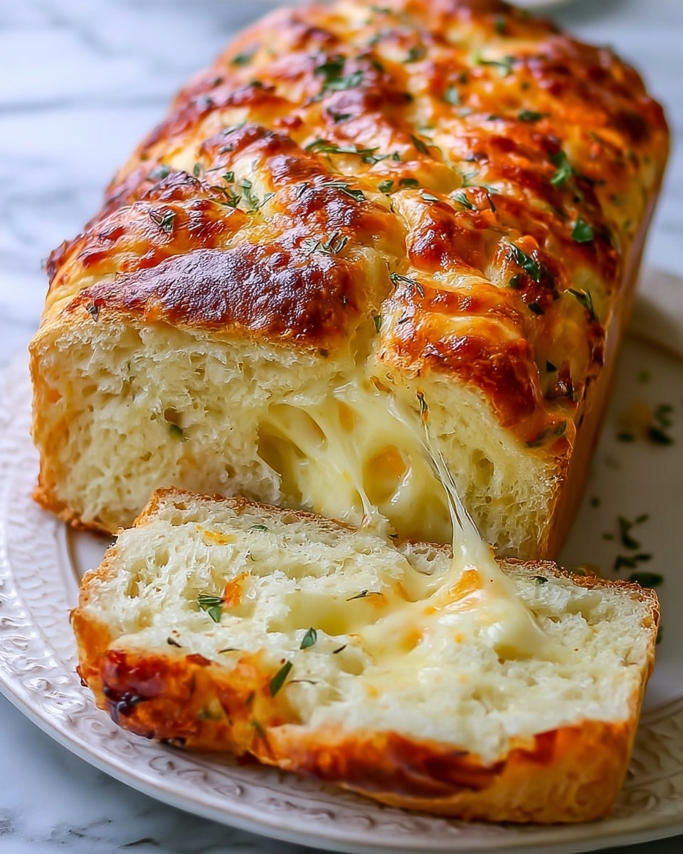 A loaf of golden-brown cheese bread with a shiny, slightly crispy top crust, showing melted cheese oozing from inside. The bread is sliced to reveal a soft, light inner crumb with stretchy, gooey cheese layered throughout. Small green herb sprigs are scattered on top and around the bread, which sits on an ornate white plate. The background has a white marbled texture, creating a clean, bright setting. photo taken with an iphone --ar 4:5 --v 7