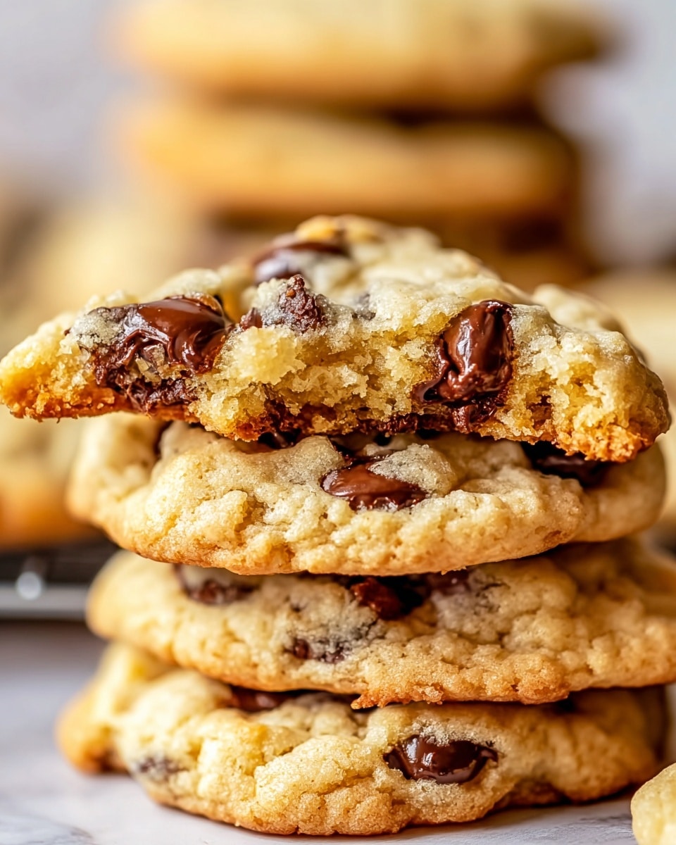 A close-up image showing a stack of soft chocolate chip cookies on a white marbled surface. The top cookie is broken in half, revealing a crumbly light golden inside with a slightly chewy texture. Each cookie has an uneven surface with golden-brown edges and several melted dark brown chocolate chips visible, slightly sunken into the cookie dough. The cookies are stacked in a pile, highlighting their thickness and soft, tender look, with a blurred stack of more cookies in the background. photo taken with an iphone --ar 4:5 --v 7