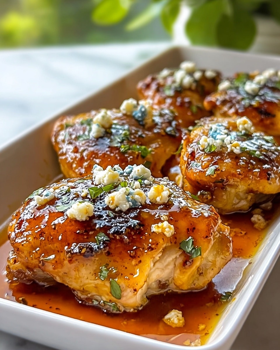 The image shows a white rectangular dish with five pieces of glazed baked chicken thighs arranged closely together. Each chicken thigh has a shiny, amber-colored glaze with hints of caramelization and is topped with small white crumbles of cheese and chopped green herbs scattered on the surface. The glaze pools slightly around the base of the chicken in the dish, creating a glossy, appetizing look. The texture of the chicken skin is slightly crispy, and one piece is cut open to reveal the moist, light-colored cooked meat inside. The background features a soft focus of greenery and light, with the dish placed on a white marbled surface. photo taken with an iphone --ar 4:5 --v 7