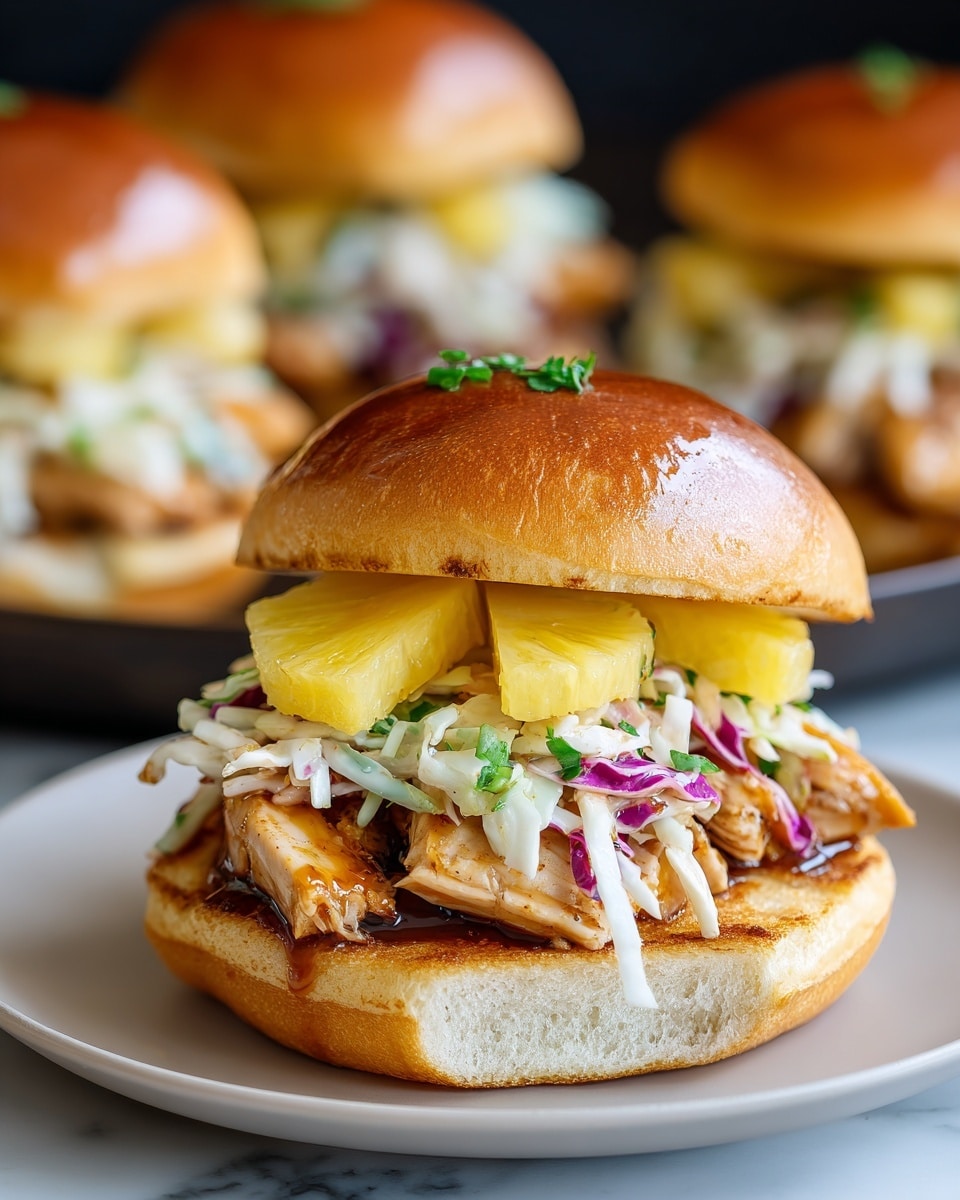 A close-up of a sandwich with five visible layers, placed on a white plate on a white marbled surface. The bottom layer is a toasted soft bun with a light golden color and slight browning. The second layer shows pieces of glazed grilled chicken with shiny sauce, slightly overlapping. Above that, there is a vibrant coleslaw of shredded white and purple cabbage with a creamy texture. Next, two triangular yellow pineapple slices rest on the coleslaw. On top, the shiny, golden brown sandwich bun has a small garnish of chopped green herbs. The background is softly blurred with similar sandwiches visible. Photo taken with an iphone --ar 4:5 --v 7