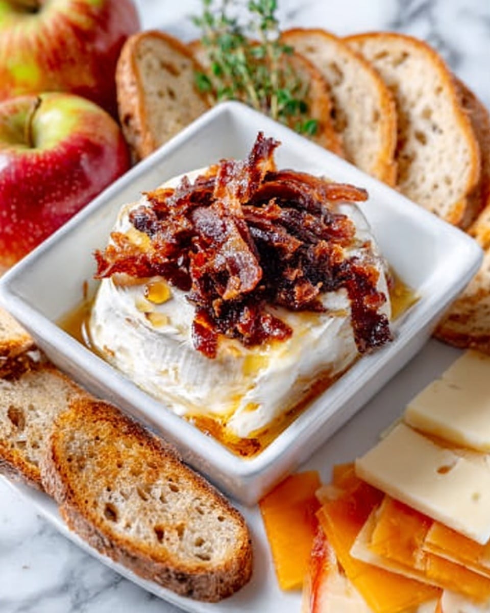 The image shows a white square dish holding a small log of creamy white cheese topped with crispy, dark brown bacon bits and a drizzle of shiny amber honey. Around the dish, there are slices of light brown toasted bread with a rough texture on the crust, thin slices of white cheese with small holes, and triangular slices of orange and white marbled cheese. An apple with red and yellow stripes and a green pear are partly visible in the top left corner. A small sprig of green herb is beside the cheese slices. The entire scene is on a white marbled surface. photo taken with an iphone --ar 4:5 --v 7