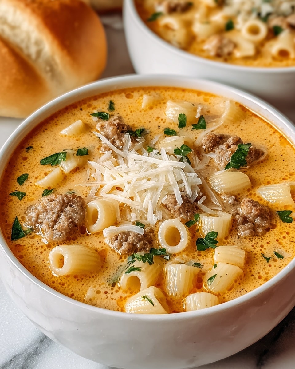 A white bowl filled with creamy pasta soup showing yellow-orange broth as the base layer. Small tube pasta pieces float throughout with medium brown crumbled sausage chunks scattered on top, forming the second layer. Bright green chopped parsley is sprinkled unevenly across the soup as a fresh accent. Shredded white cheese is added in a small pile in the center, slightly melting into the warm soup. In the background, another similar bowl and a soft bread roll are visible on a white marbled surface. photo taken with an iphone --ar 4:5 --v 7