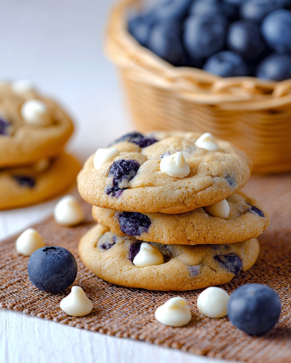 A close-up view of three soft, round cookies stacked slightly on a brown woven mat, each cookie golden brown with visible white chocolate chips and dark blueberry pieces spread across the top and inside. In front of the cookies, several fresh blueberries and white chocolate chips lie scattered on a white marbled surface. In the background, a light-colored woven basket filled with dark blue blueberries and a small stack of similar cookies with white chocolate chips are softly blurred. The scene is bright and inviting, with natural light highlighting the textures of the cookies and blueberries. photo taken with an iphone --ar 4:5 --v 7