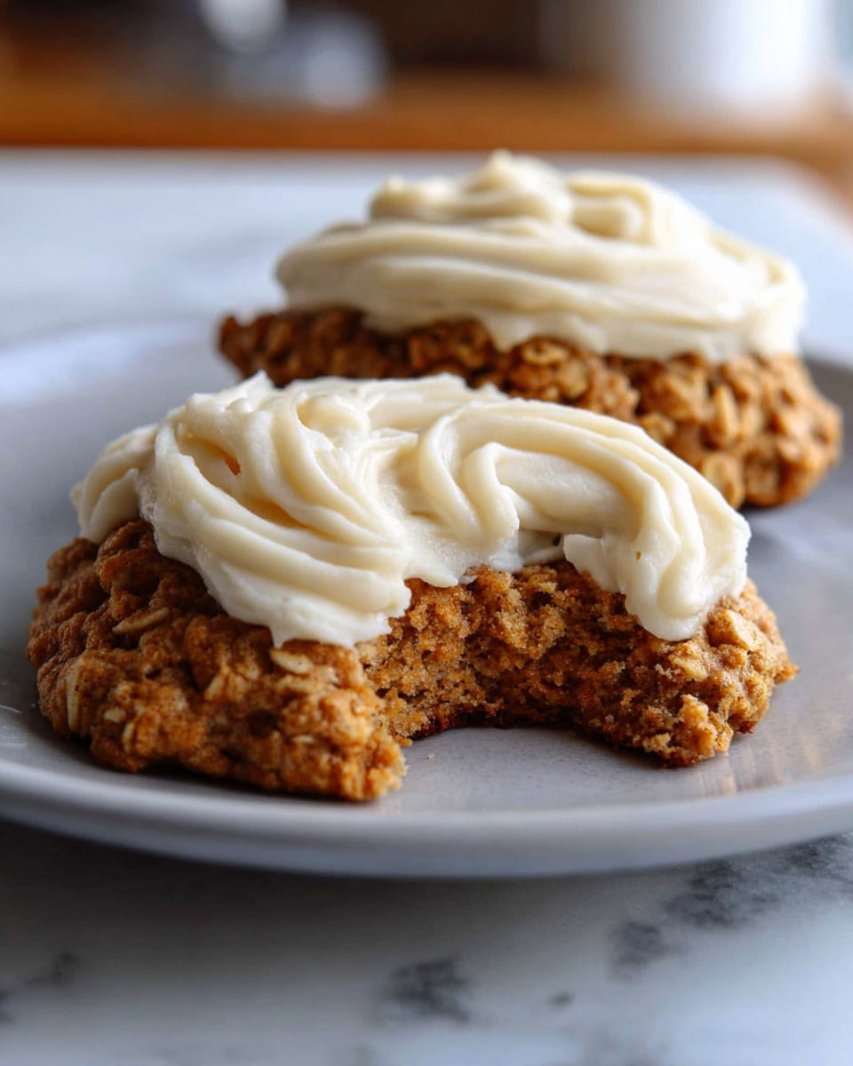 Two oatmeal cookies with thick white creamy frosting on top, each cookie showing a rough, crumbly brown texture with visible oats. One cookie in the front has a bite taken out, showing a dense, moist interior with a slightly darker brown tone. The frosting is swirled in soft waves, creating a fluffy and smooth layer on each cookie. Both cookies rest on a plain white plate with a soft focus kitchen background blurred behind, all on a white marbled surface. Photo taken with an iphone --ar 4:5 --v 7