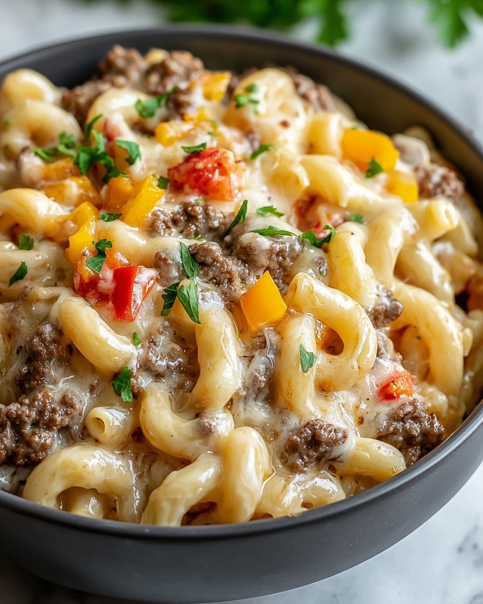 The image shows a close-up of creamy macaroni pasta served in a white bowl. The dish has three main layers: the bottom layer is soft, curved macaroni noodles coated in a smooth, light yellow cheese sauce; the middle layer has small pieces of browned ground beef mixed evenly throughout; and the top layer includes melted cheese with a slightly browned surface, bits of diced red and yellow bell peppers, and scattered green parsley leaves. The texture looks rich and gooey, and the colors include pale yellow, browned meat, and bright pops of red, yellow, and green. The bowl sits on a white marbled surface with soft natural lighting. Photo taken with an iphone --ar 4:5 --v 7