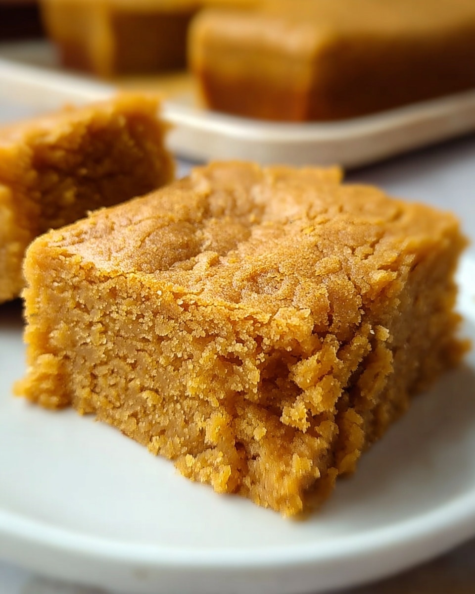 A close-up view of a single square piece of soft, crumbly brown cake resting on a white plate, showing a textured, dense interior with a slightly cracked top layer that adds a rough, homemade feel. The cake is thick with one continuous layer, its golden-brown color suggesting a rich, buttery flavor. The background has a soft focus with another similar cake piece barely visible, all placed against a white marbled surface. photo taken with an iphone --ar 4:5 --v 7