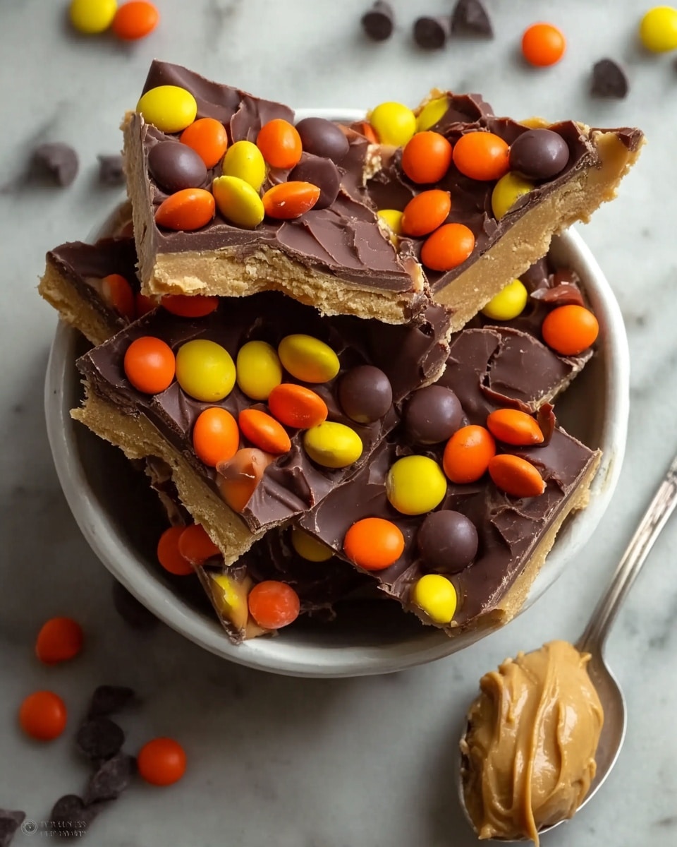 The image shows a white ceramic bowl filled with several pieces of a treat broken into rough, uneven shapes. Each piece has three visible layers: the bottom layer is light tan and crumbly, the middle layer is thick and dark brown, looking like smooth chocolate, and the top layer is decorated with colorful orange, yellow, and brown candy-coated chocolate pieces scattered unevenly. The bowl sits on a white marbled surface with a spoon holding a scoop of creamy peanut butter resting nearby. A few stray candies and chocolate chips are scattered around the bowl. Photo taken with an iphone --ar 4:5 --v 7