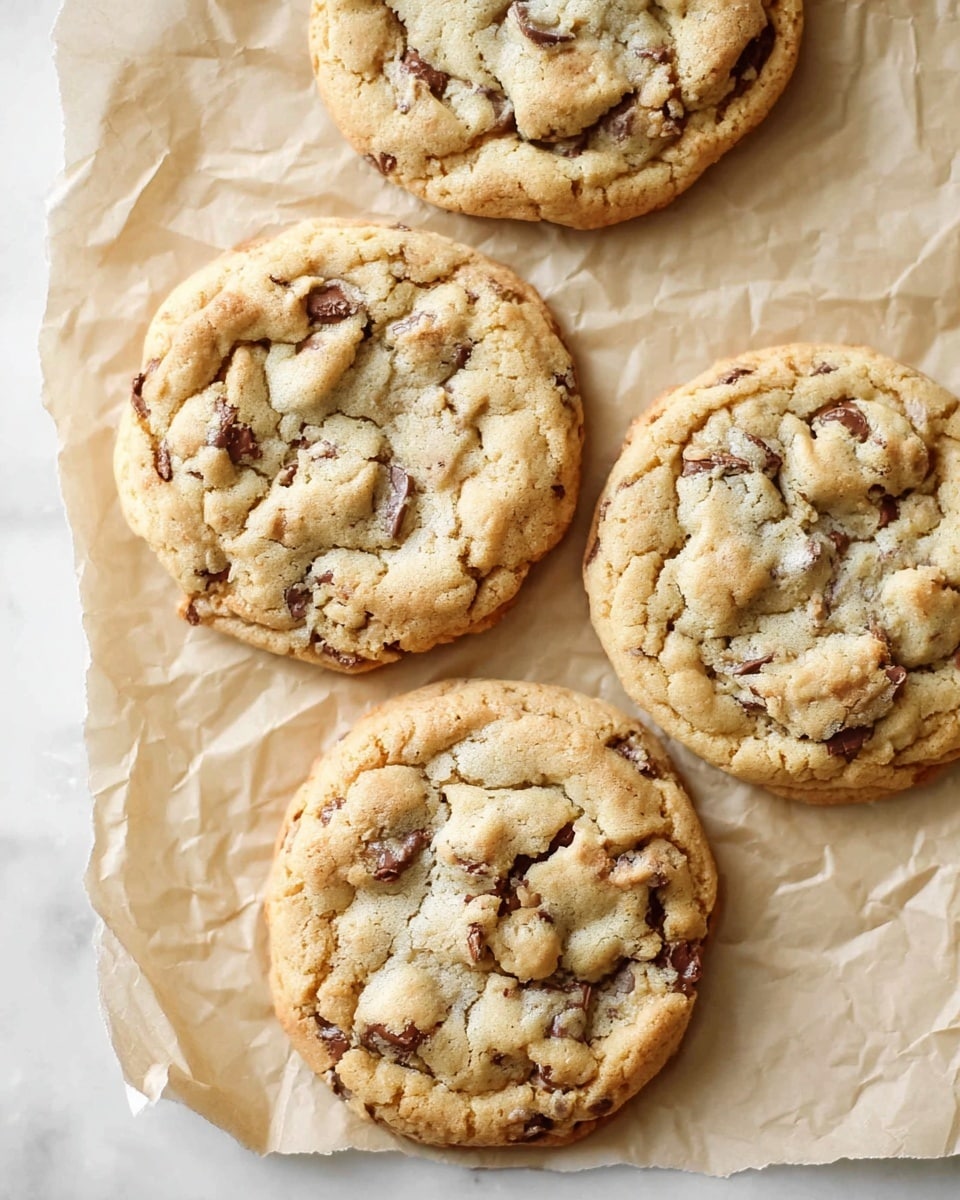 The image shows four thick chocolate chip cookies on crumpled parchment paper, placed on a white marbled surface. Each cookie has a rough, uneven texture with visible golden-brown edges and a soft, cream-colored center dotted with unevenly spread milk chocolate chips. The cookies appear slightly raised and chewy, with cracks and creases highlighting their homemade look. Photo taken with an iphone --ar 4:5 --v 7