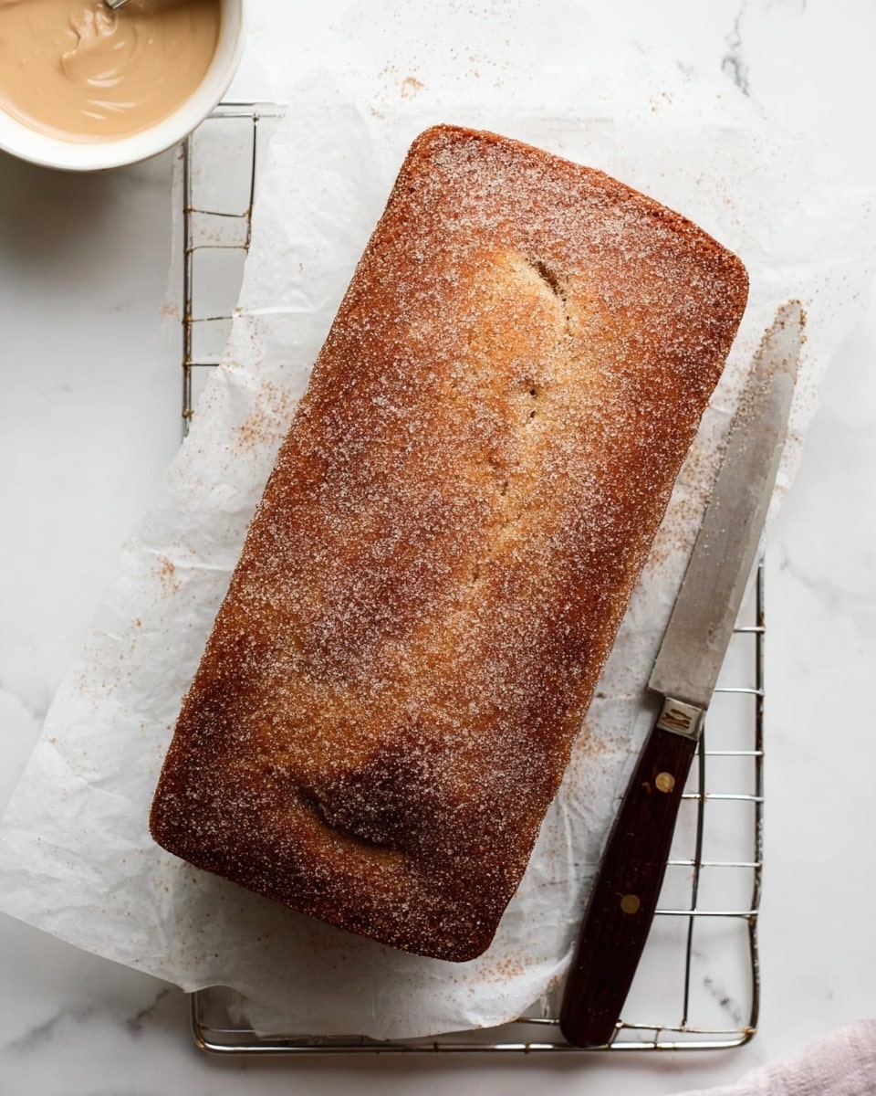 A rectangular brown cake with a rough, sugar-coated top surface sits on white parchment paper on a cooling rack. The cake shows a golden, slightly uneven texture with areas that are darker brown around the edges. Next to the cake on the right side lies a knife with a silver blade and dark wooden handle. In the top left corner, part of a white bowl with a light brown creamy mixture is visible. The whole scene is set on a white marbled surface. Photo taken with an iphone --ar 4:5 --v 7