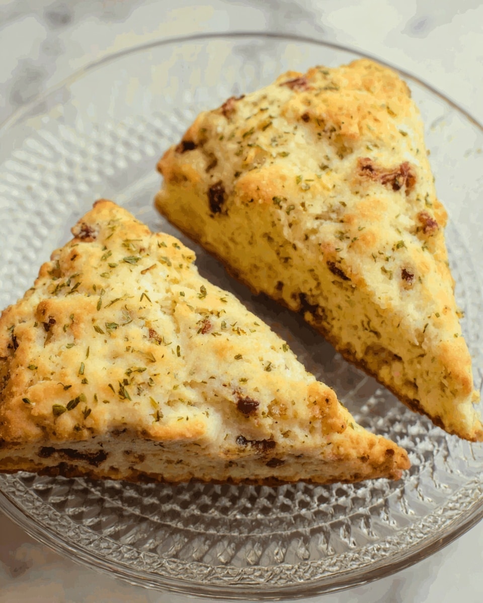 Two triangular pieces of scone rest on a clear, textured glass plate. The scones have a pale golden color with browned bits visible near the edges and some green herbs sprinkled lightly on top. The texture looks crumbly with small dark spots, likely raisins or nuts, scattered throughout. The plate is set on a white marbled surface. photo taken with an iphone --ar 4:5 --v 7
