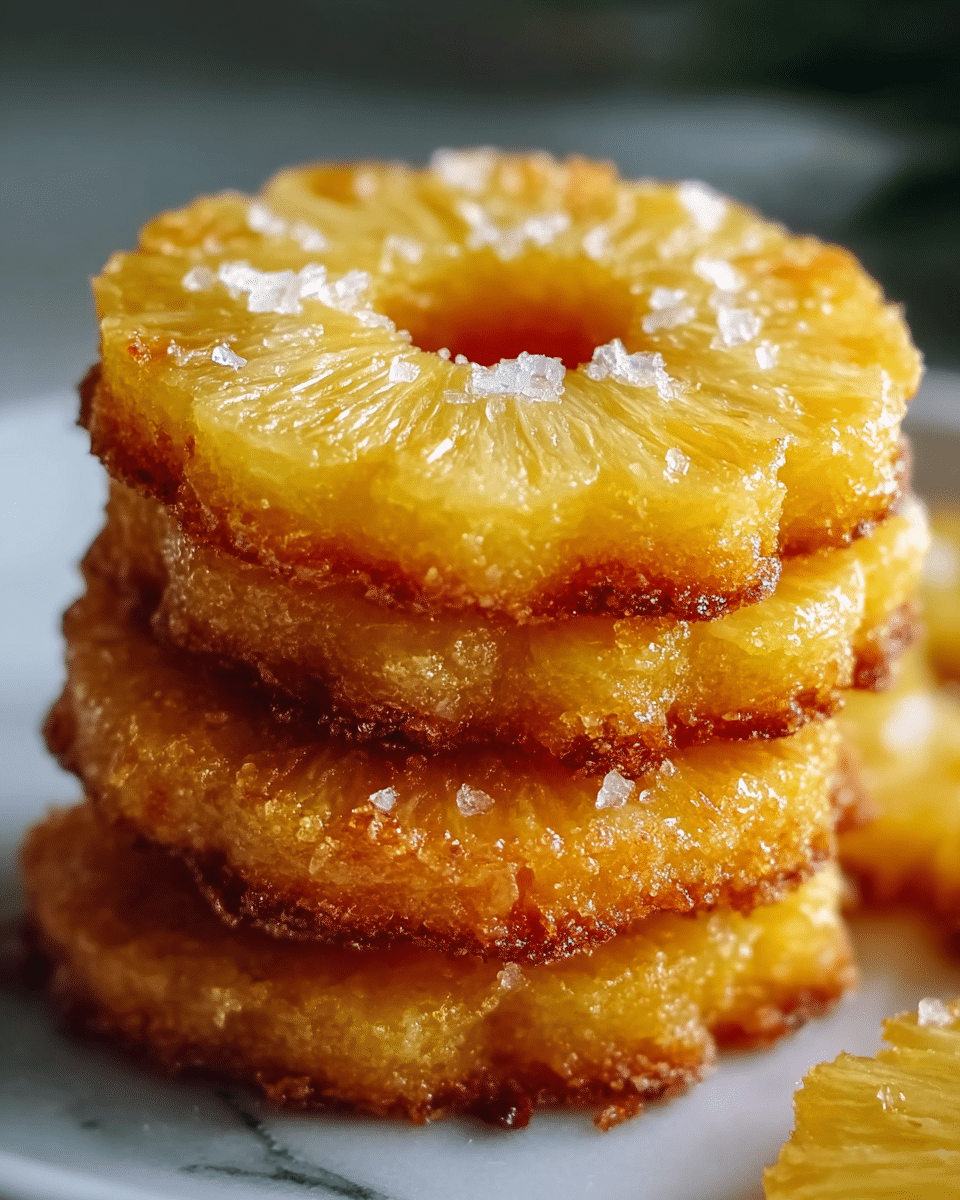 A close-up view of a stack of four golden-brown pineapple cakes, each shaped like a ring with a visible hole in the center, showing a slightly crispy texture around the edges and juicy pineapple slices on top. The pineapple slices have a bright yellow color with some shine and are sprinkled with coarse white sugar crystals. The cakes are placed on a white plate with a white marbled background softly blurred behind them. The photo taken with an iphone --ar 4:5 --v 7