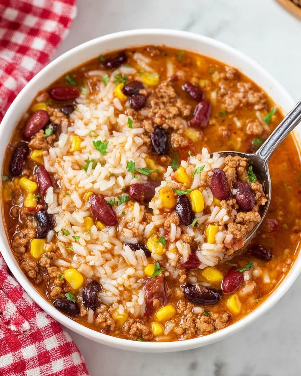 A close-up view of a white bowl filled with a thick stew made of several layers mixed together: white rice grains, dark red and black beans, yellow corn kernels, and browned ground meat in a rich orange-brown sauce, with small specks of green herbs scattered throughout. A spoon is partially submerged in the stew, scooping a mix of all the ingredients. The bowl rests on a white marbled surface, and a red and white checkered cloth is partly visible in the background. photo taken with an iphone --ar 4:5 --v 7