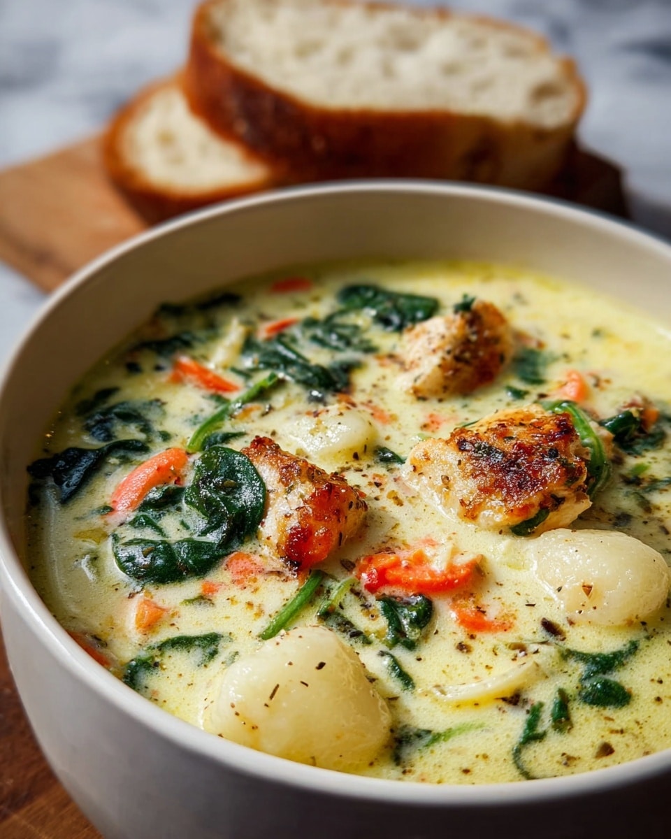 A close-up of a white bowl filled with creamy soup that has three main layers: the top layer is light yellow and creamy with specks of black pepper, the middle layer contains bright orange carrot pieces and green spinach leaves, and the bottom layer includes soft white gnocchi and chunks of browned chicken with a golden crust. The soup looks thick with mixed textures and colors spread evenly throughout. In the background, two slices of light brown crusty bread rest on a wooden board. The setting is on a white marbled texture surface. photo taken with an iphone --ar 4:5 --v 7
