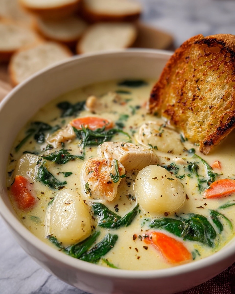 A close-up image of a bowl filled with creamy chicken soup showing a mix of soft, white gnocchi, orange carrot slices, green spinach leaves, and chunks of tender white chicken all immersed in a smooth, pale yellow broth sprinkled with black pepper and herbs, a golden-brown piece of toasted bread resting on the edge of the white bowl, set on a white marbled surface with blurred slices of bread in the background, photo taken with an iphone --ar 4:5 --v 7