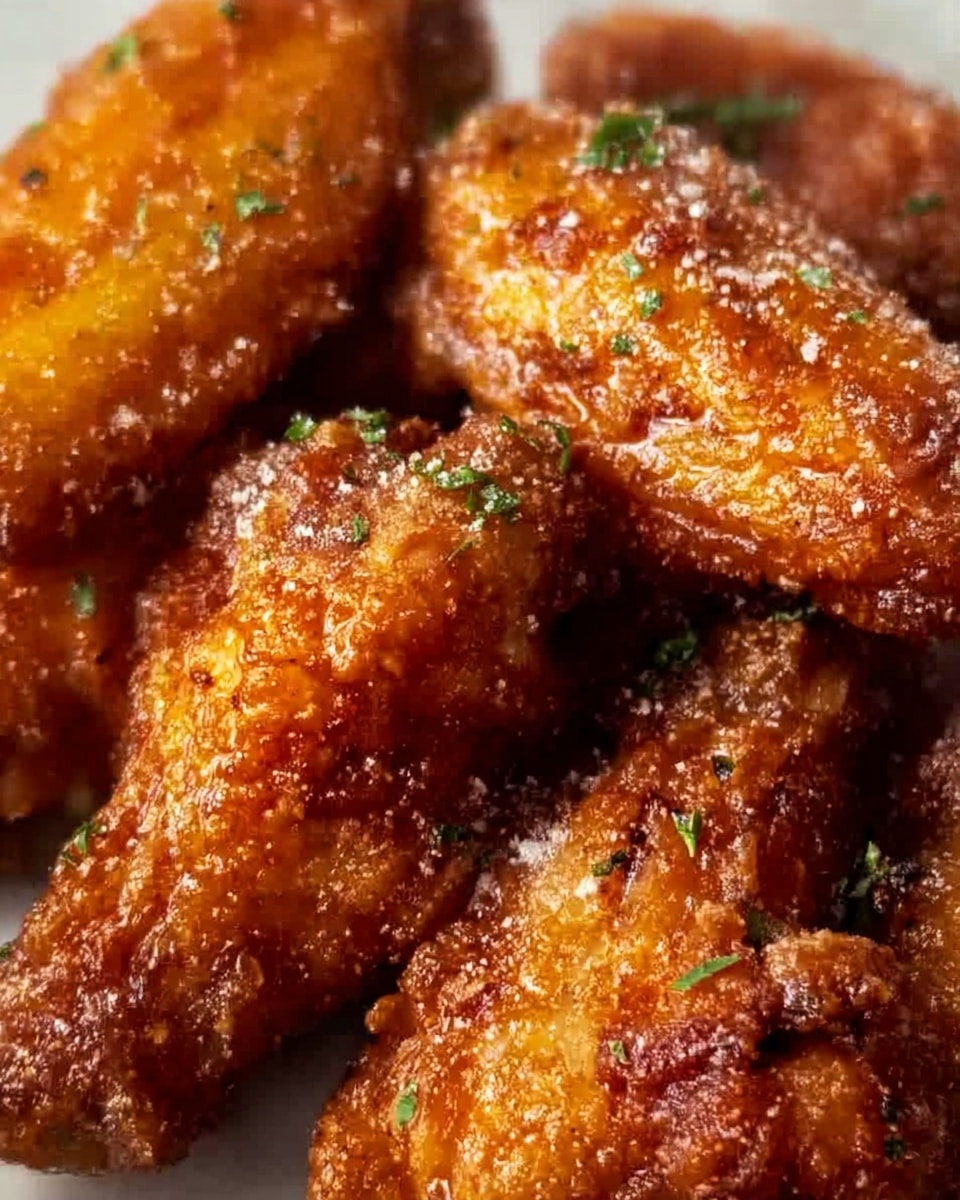 The image shows a close-up of several fried chicken wings stacked closely together, each coated with a shiny, golden-brown crispy batter. The wings have a slightly rough texture with small green herb sprinkles on top, and a light dusting of white powdered seasoning giving a contrast to their warm color. The background features a white marbled texture that highlights the rich color of the chicken wings. photo taken with an iphone --ar 4:5 --v 7