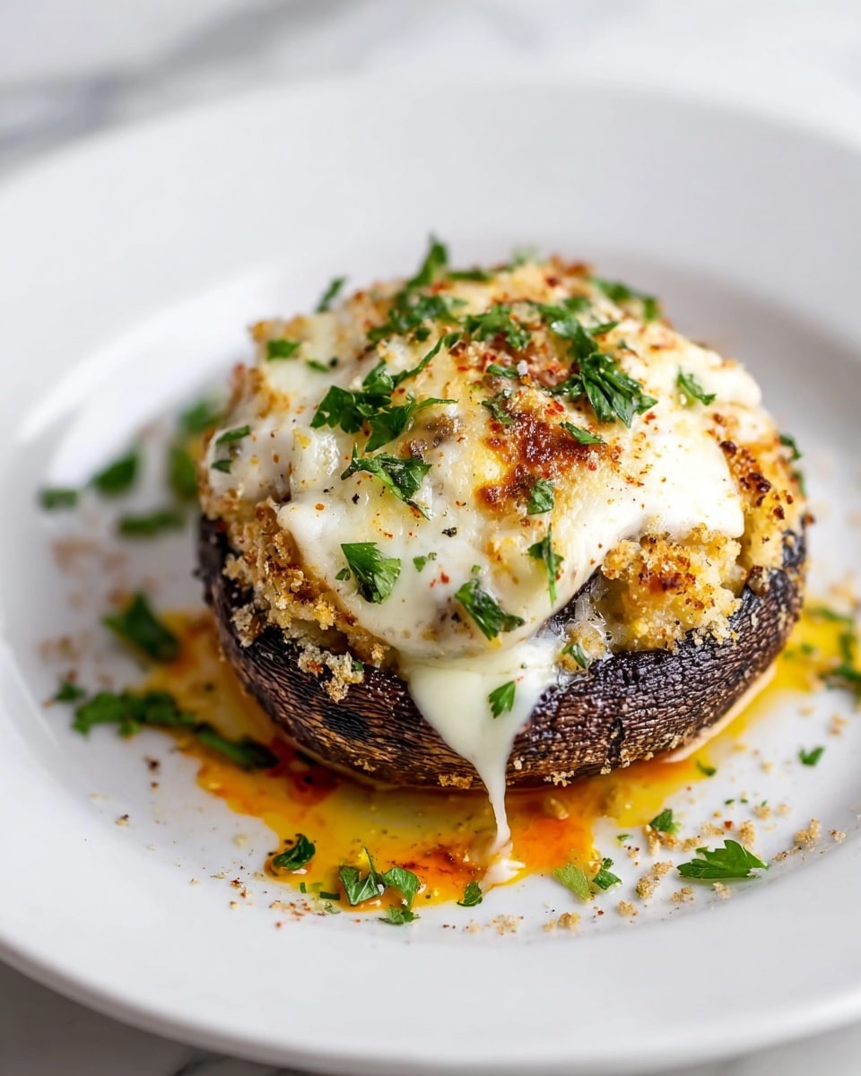 The image shows six large stuffed mushrooms arranged closely inside a white rectangular baking dish. Each mushroom has a dark brown cap filled with a crumbly beige stuffing that looks seasoned and textured. On top of the stuffing is a thick layer of melted white cheese that drips down the sides, creating an appealing gooey effect. The cheese is sprinkled with finely chopped green herbs and a light dusting of grated cheese or breadcrumbs. The dish sits on a white marbled surface with small bowls of fresh green herbs and red seasoning visible in the background. photo taken with an iphone --ar 4:5 --v 7