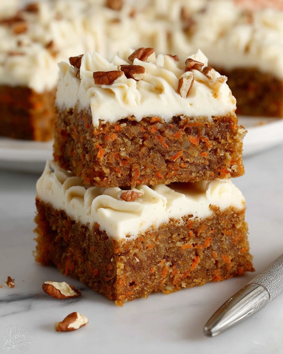 The image shows two square bars stacked on a white plate over a white marbled surface. The bottom bar is a dense, moist brown cake with visible bits of nuts and carrot pieces inside. The top bar has a thick layer of creamy white frosting with swirled peaks and is sprinkled with chopped pecans on top. The texture of the cake looks crumbly but moist, contrasting with the smooth, rich frosting. There are small pieces of nuts scattered around the plate, and a silver piping bag is visible near the bottom right corner. Photo taken with an iphone --ar 4:5 --v 7